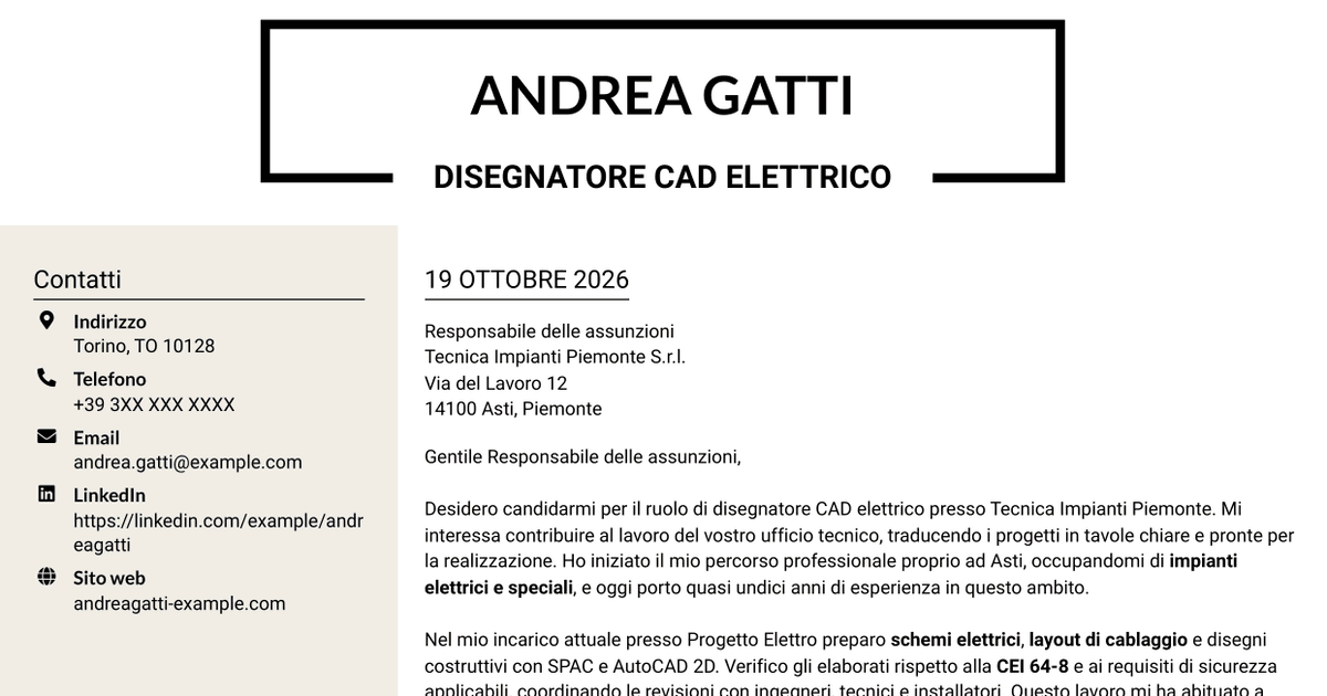 7 modelli di lettera di presentazione per Disegnatore CAD - Impiantistica elettrica, con esempi