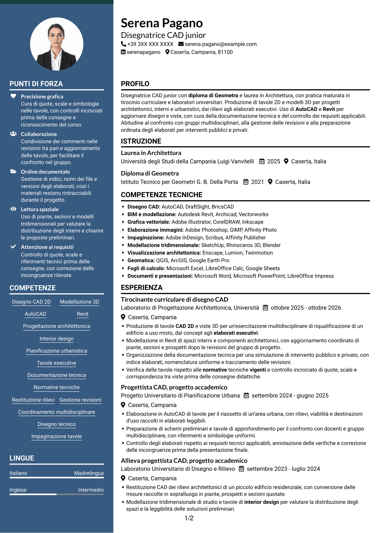CV Elegante (formato con colonna laterale colorata e foto): Disegnatore CAD Junior - Progettazione architettonica e urbanistica, pagina 1