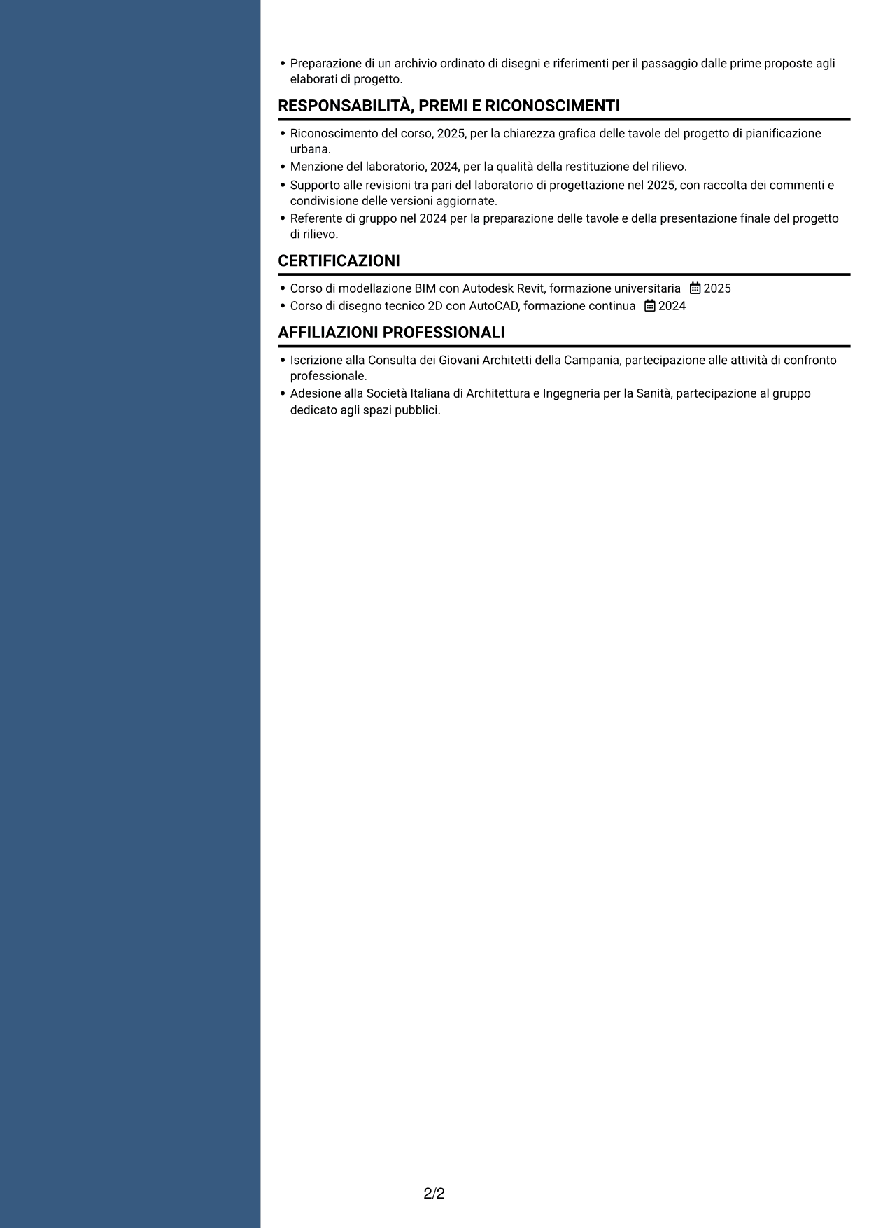 CV Elegante (formato con colonna laterale colorata e foto): Disegnatore CAD Junior - Progettazione architettonica e urbanistica, pagina 2