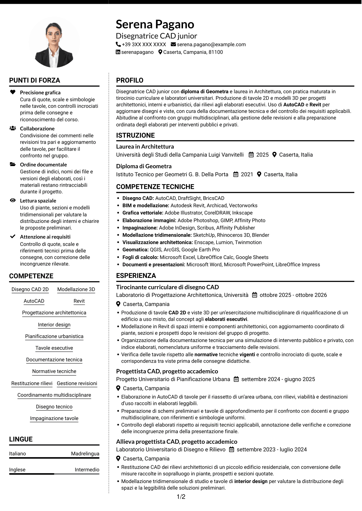 CV Moderno (formato a due colonne con foto a sinistra e separatore): Disegnatore CAD Junior - Progettazione architettonica e urbanistica, pagina 1