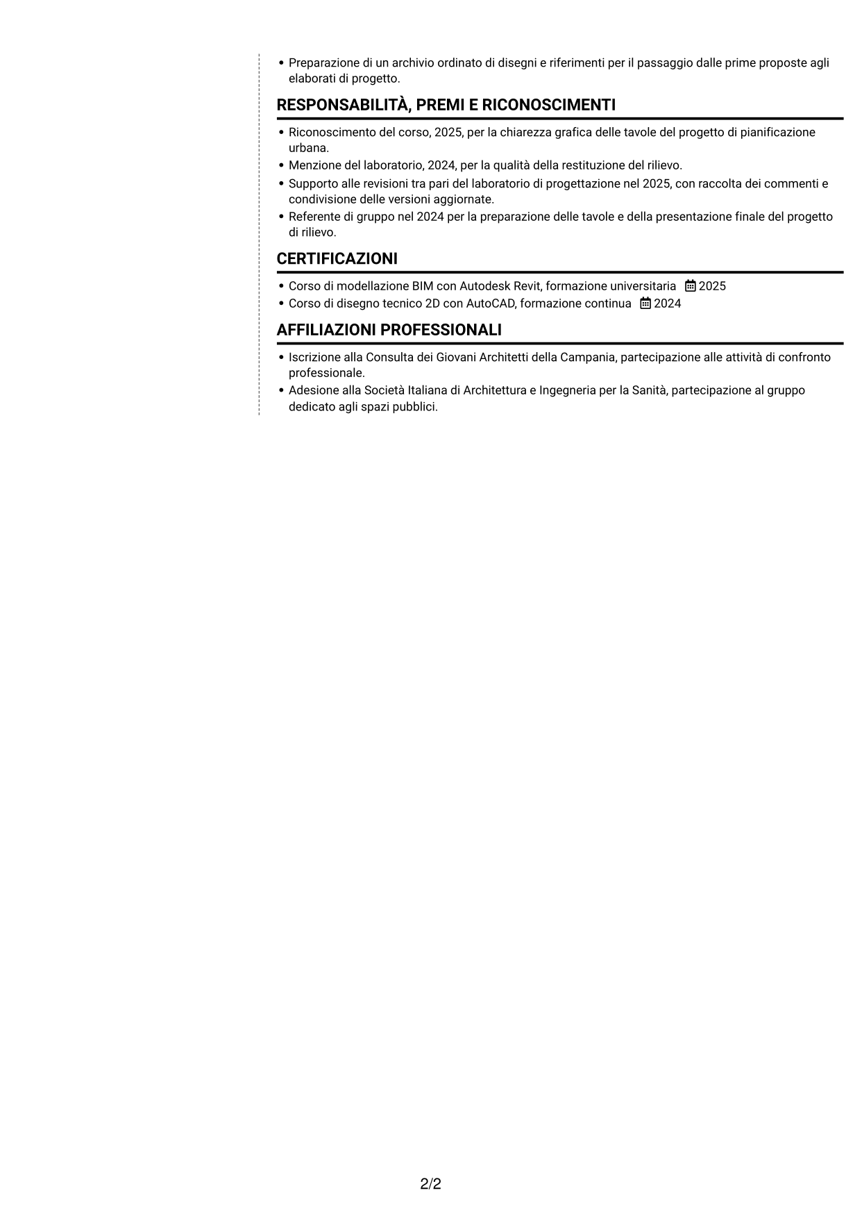 CV Moderno (formato a due colonne con foto a sinistra e separatore): Disegnatore CAD Junior - Progettazione architettonica e urbanistica, pagina 2