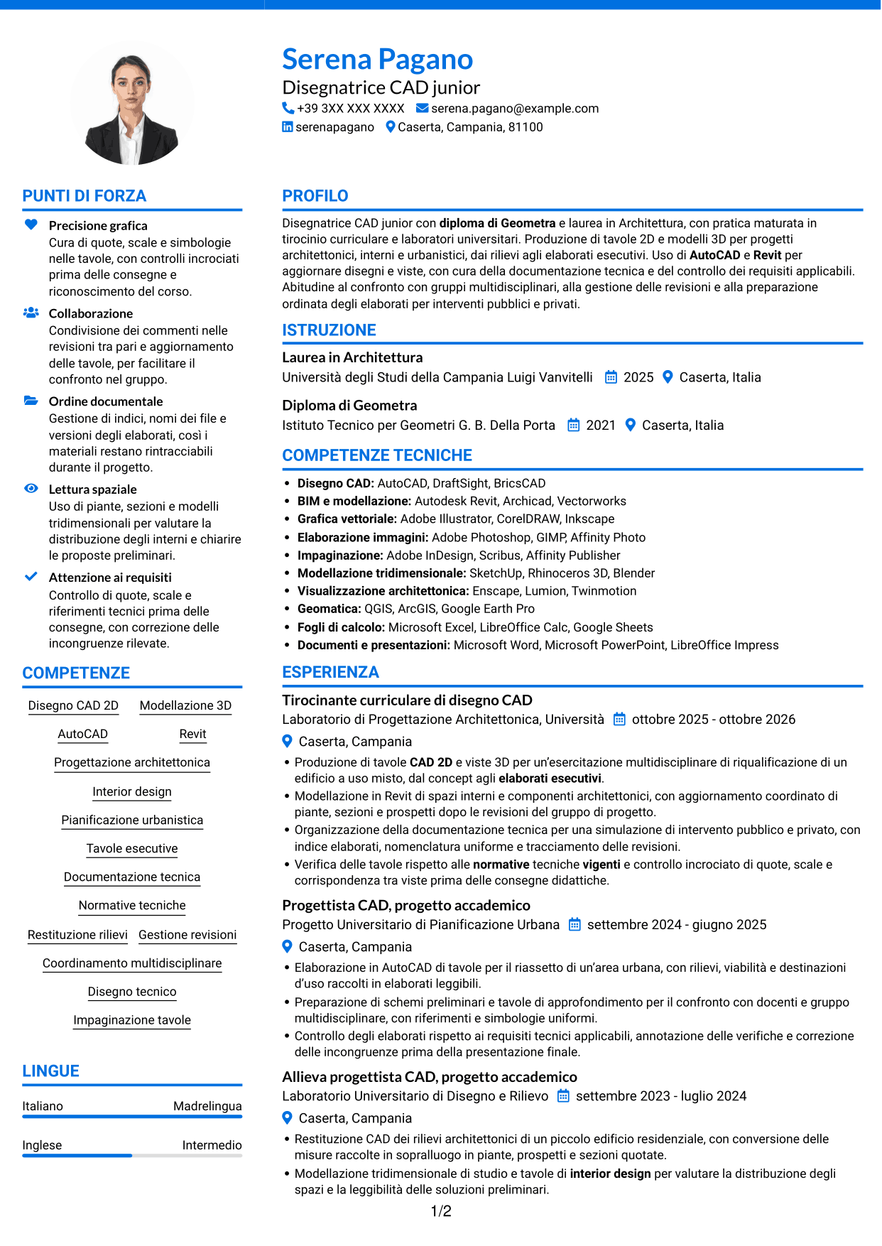 CV Audace (formato a due colonne con accenti colorati e foto): Disegnatore CAD Junior - Progettazione architettonica e urbanistica, pagina 1