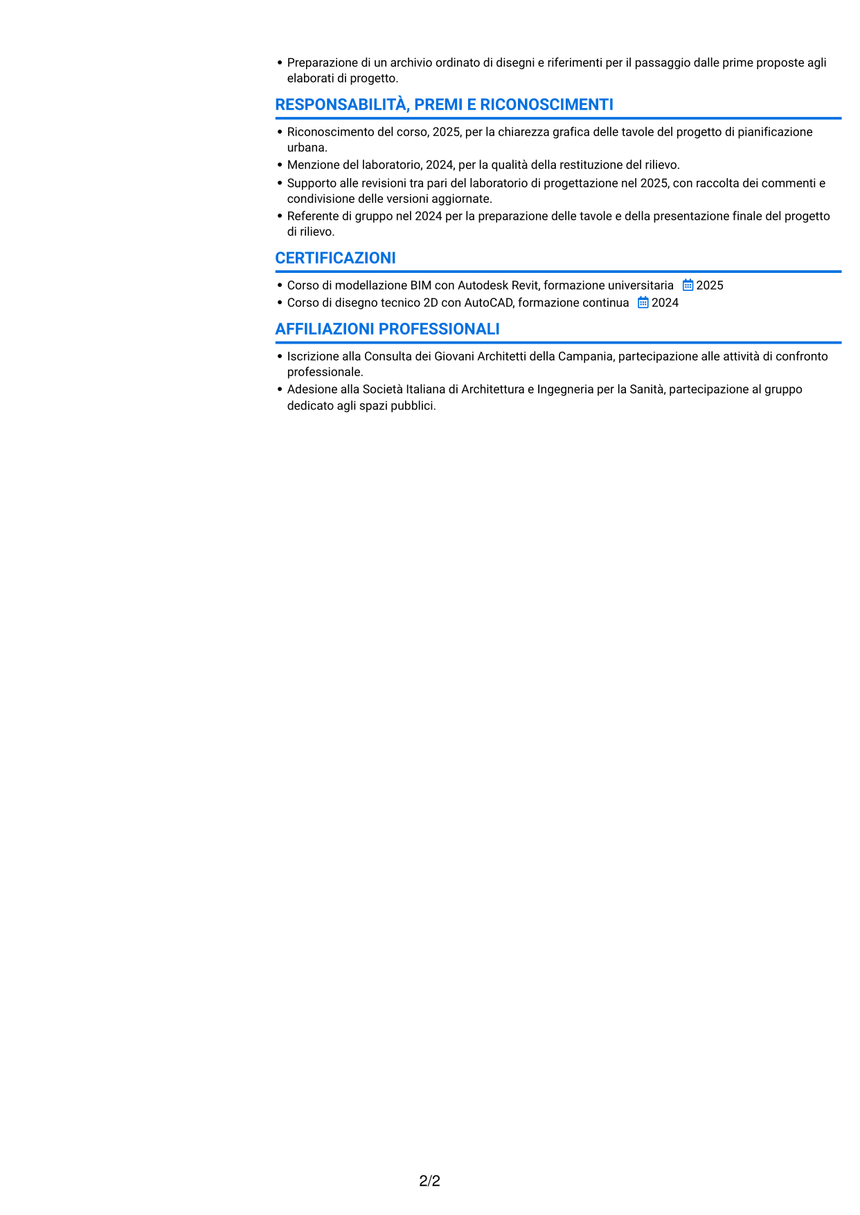CV Audace (formato a due colonne con accenti colorati e foto): Disegnatore CAD Junior - Progettazione architettonica e urbanistica, pagina 2