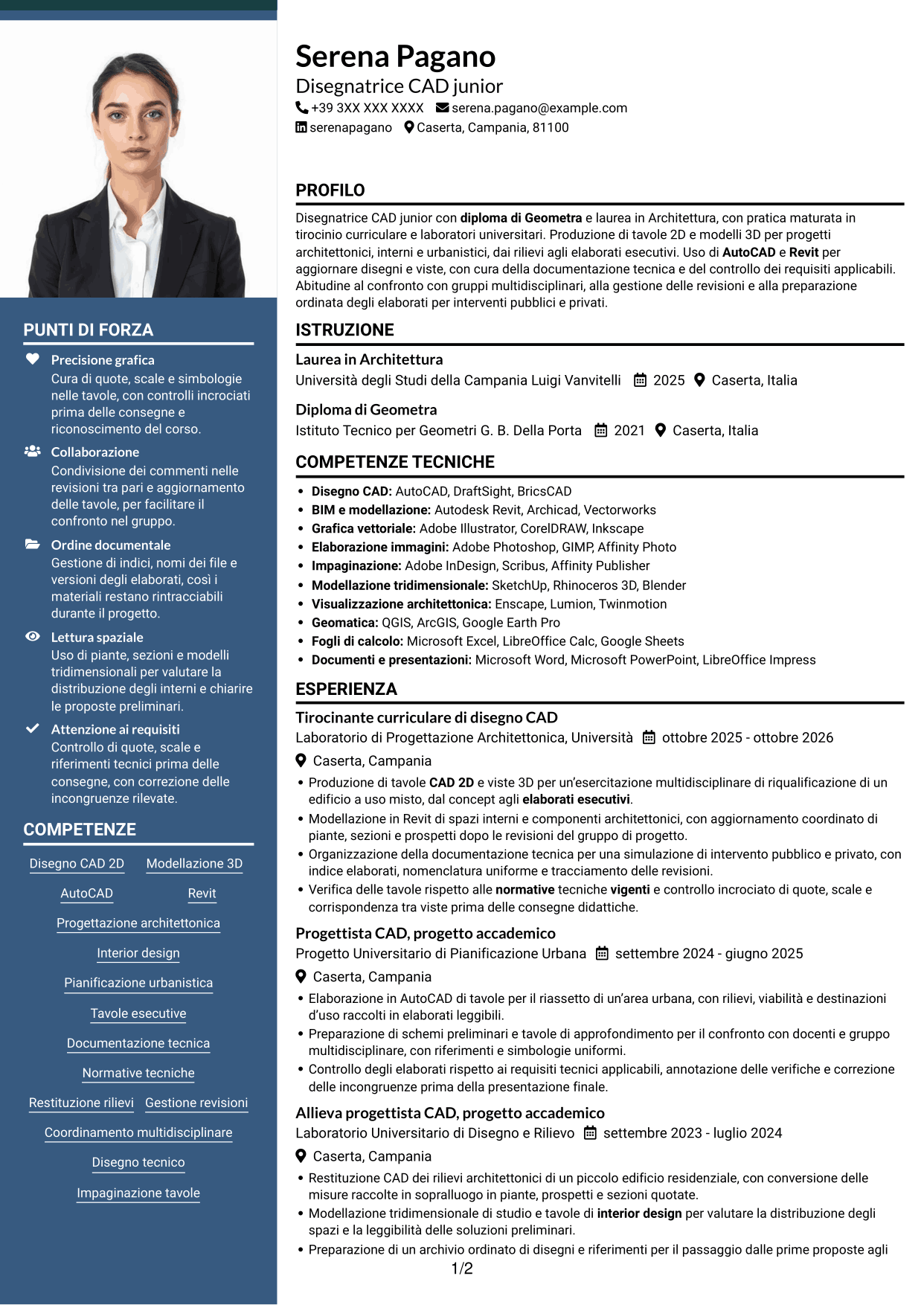 CV Signature (formato con colonna laterale colorata e foto grande): Disegnatore CAD Junior - Progettazione architettonica e urbanistica, pagina 1
