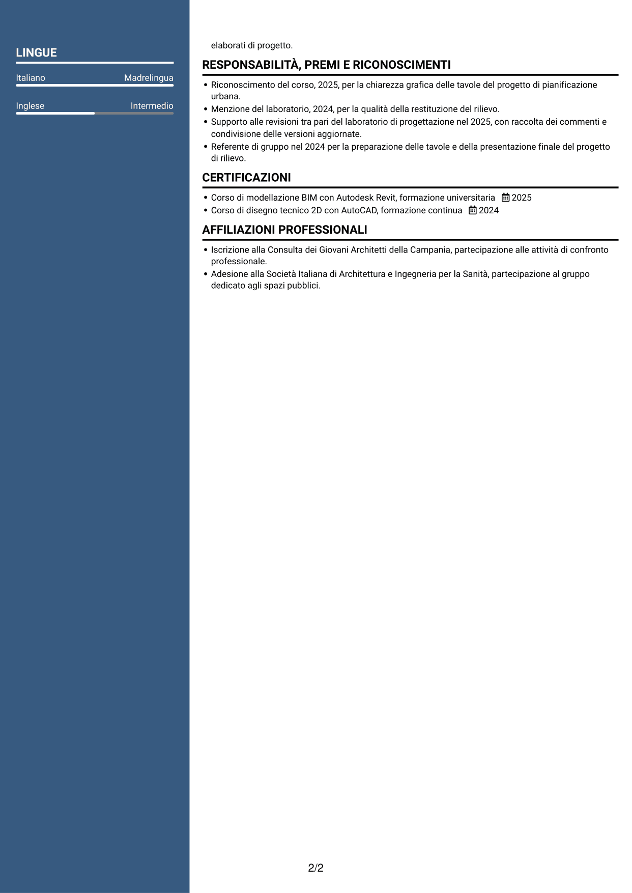 CV Signature (formato con colonna laterale colorata e foto grande): Disegnatore CAD Junior - Progettazione architettonica e urbanistica, pagina 2
