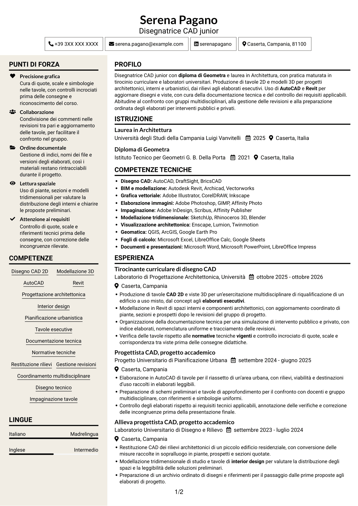 CV Intraprendente (formato a due colonne con intestazione centrata senza foto): Disegnatore CAD Junior - Progettazione architettonica e urbanistica, pagina 1