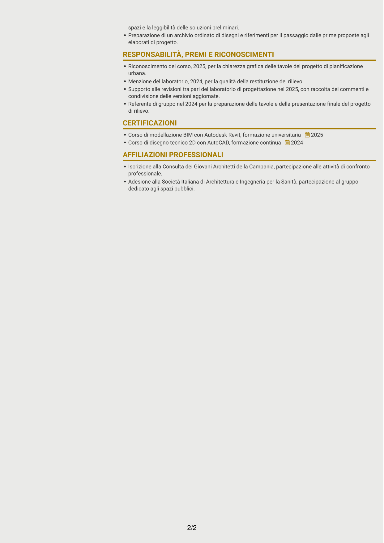 CV Dinamico (formato a due colonne con icone): Disegnatore CAD Junior - Progettazione architettonica e urbanistica, pagina 2