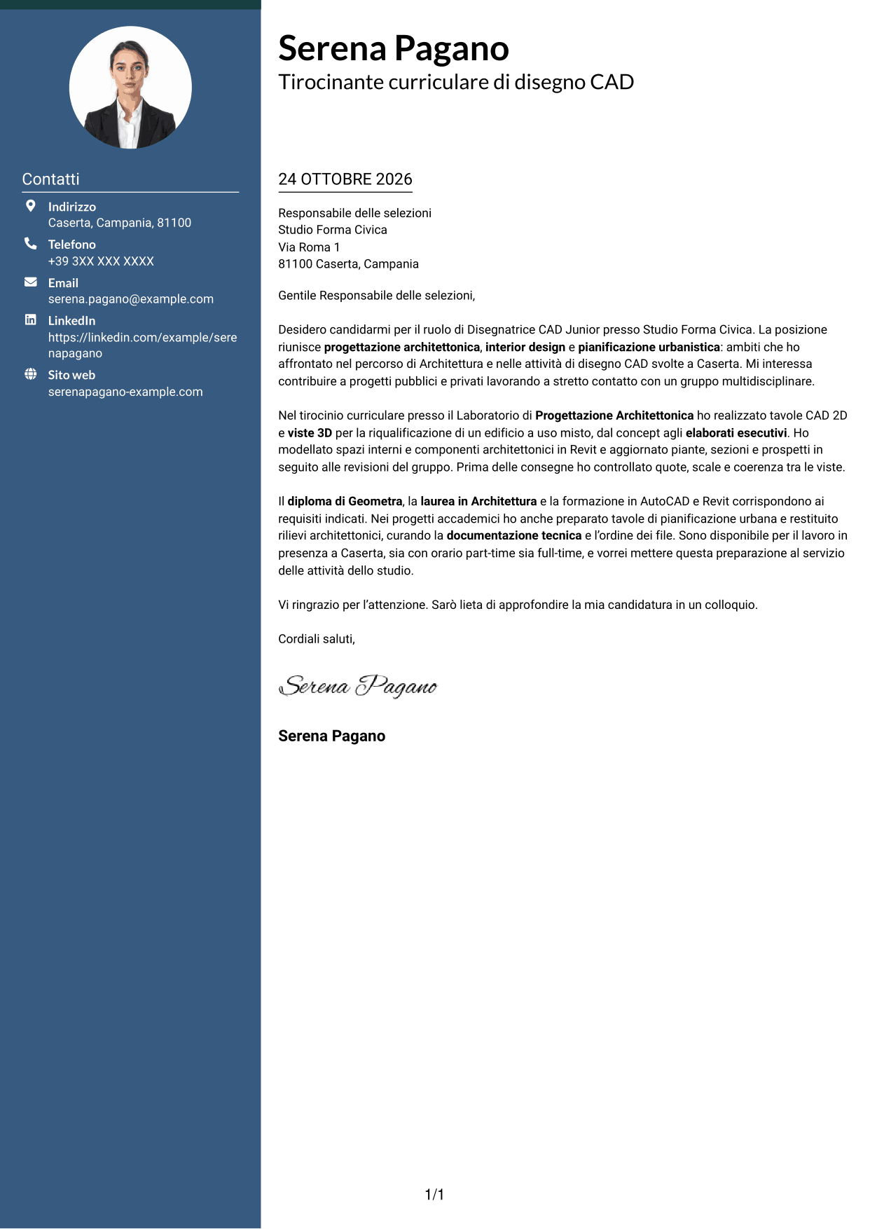 Lettera di presentazione Elegante (formato con colonna laterale colorata e foto): Disegnatore CAD Junior - Progettazione architettonica e urbanistica, pagina 1