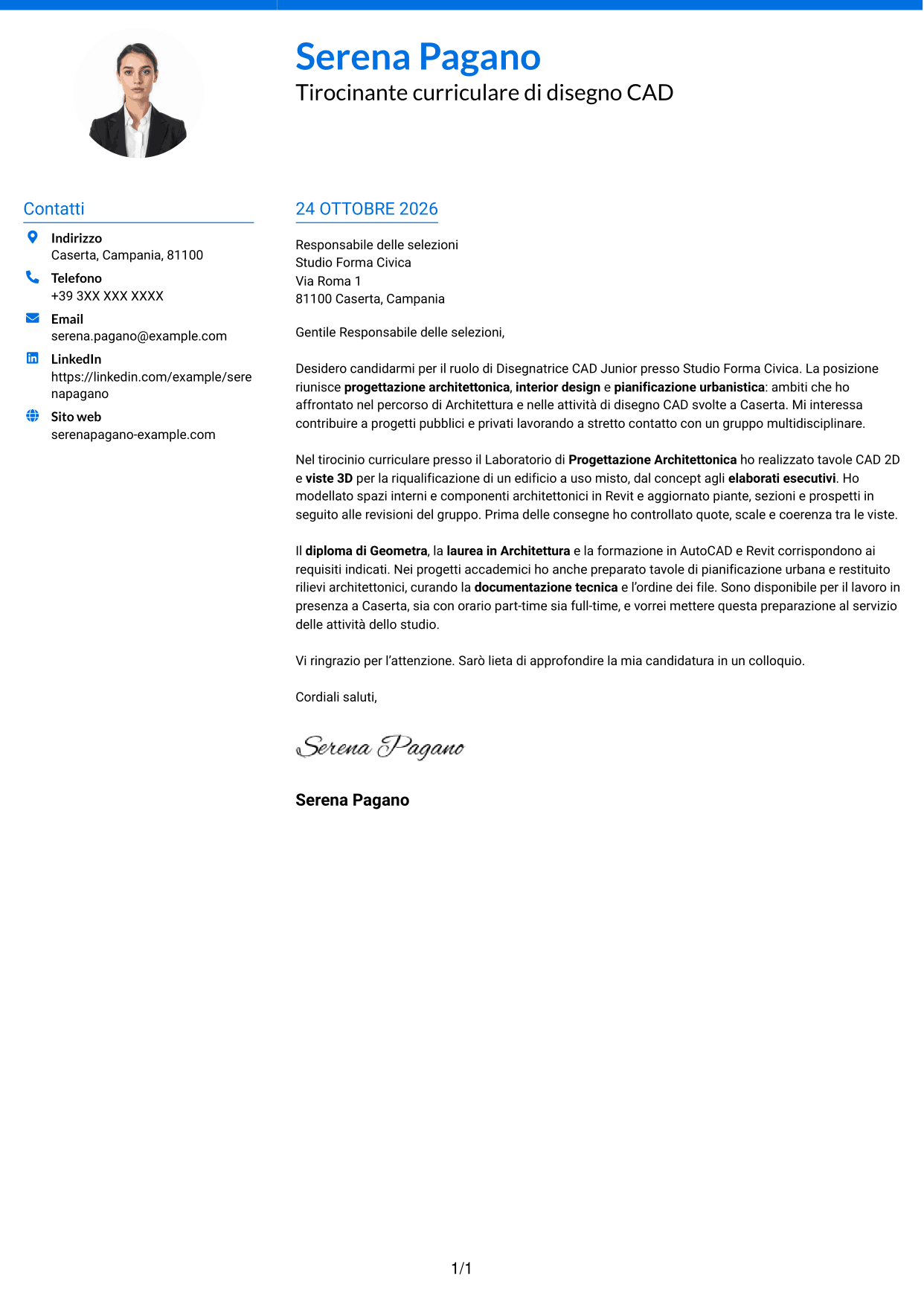 Lettera di presentazione Audace (formato a due colonne con accenti colorati e foto): Disegnatore CAD Junior - Progettazione architettonica e urbanistica, pagina 1