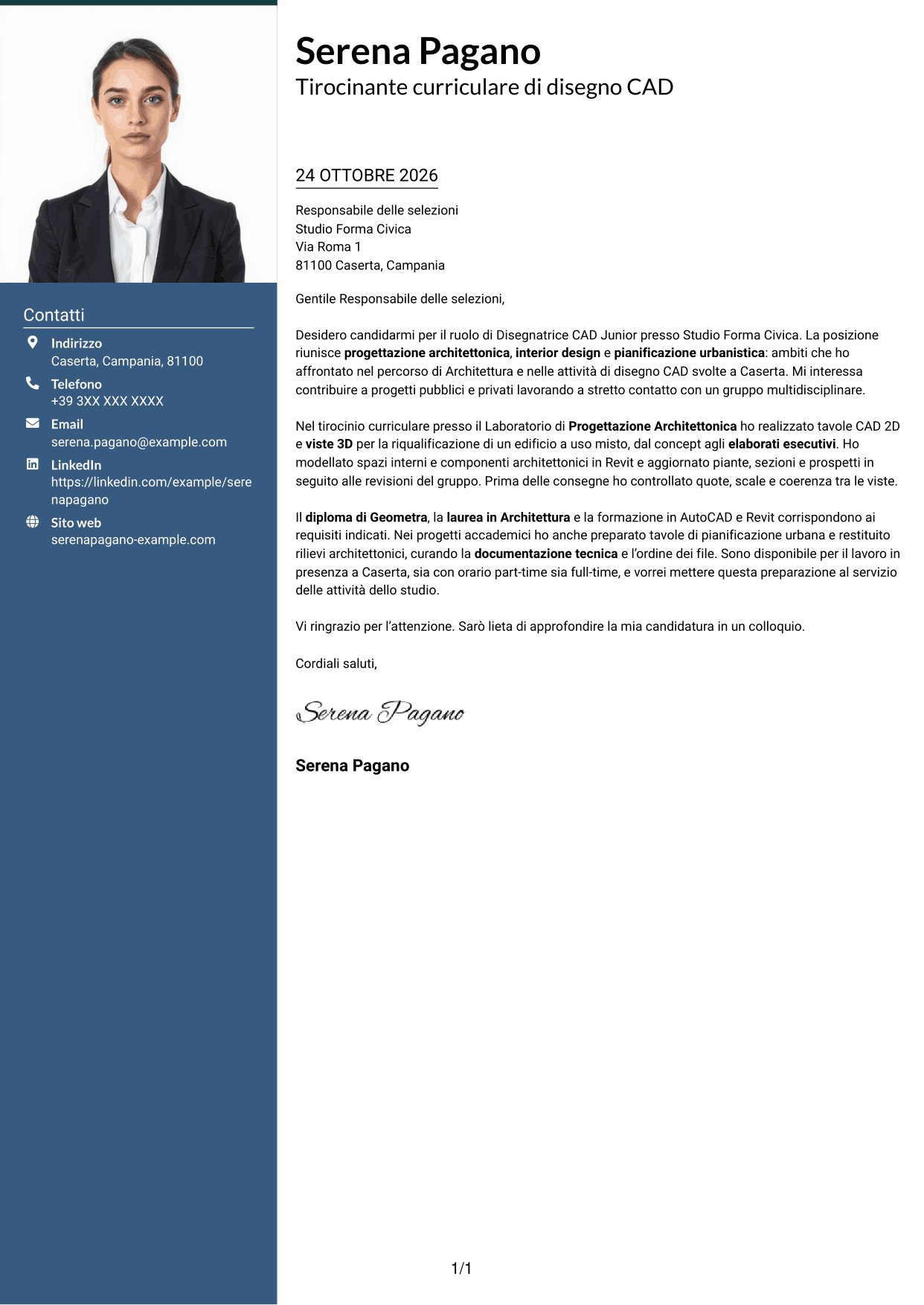 Lettera di presentazione Signature (formato con colonna laterale colorata e foto grande): Disegnatore CAD Junior - Progettazione architettonica e urbanistica, pagina 1