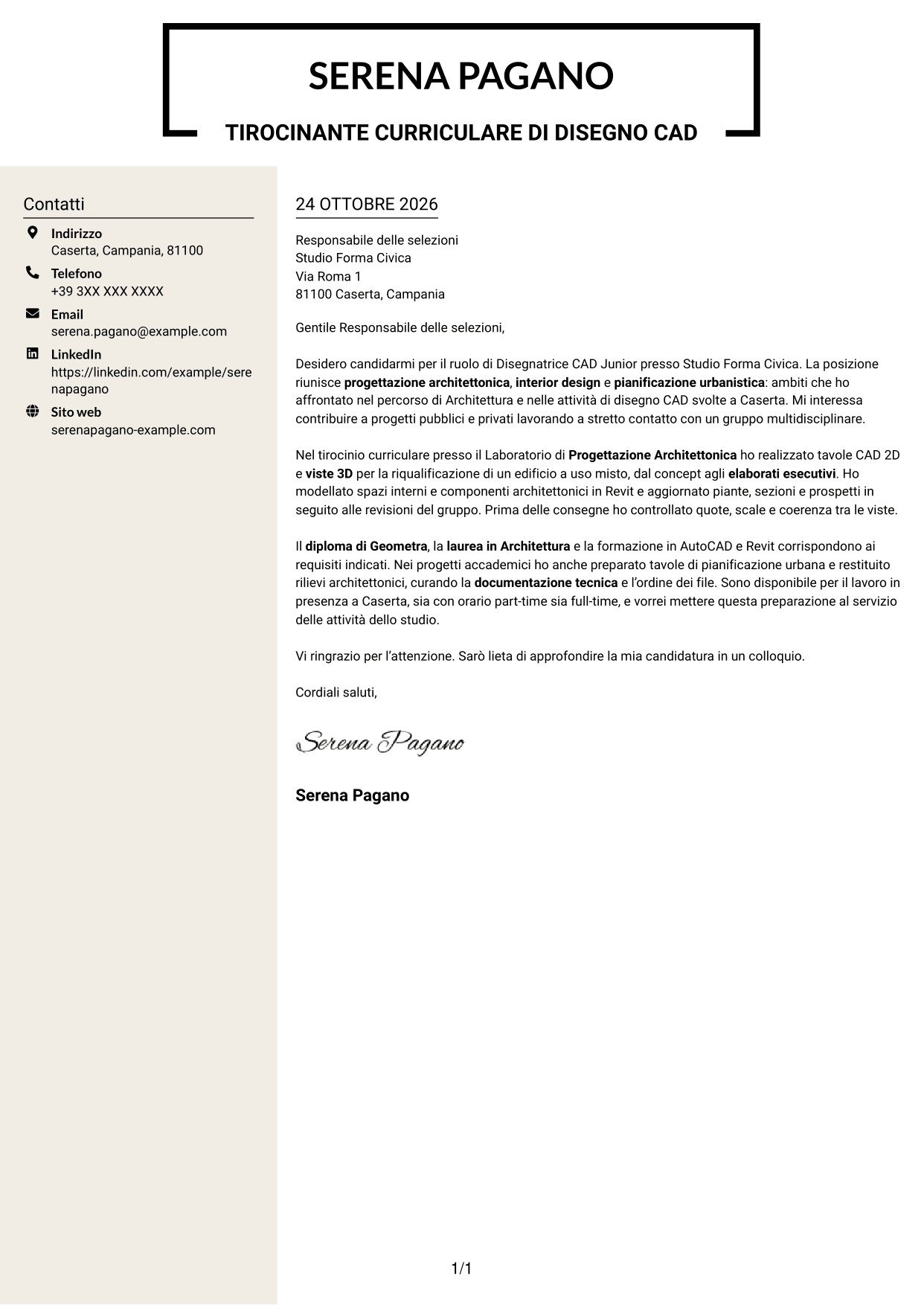 Lettera di presentazione Intraprendente (formato a due colonne con intestazione centrata senza foto): Disegnatore CAD Junior - Progettazione architettonica e urbanistica, pagina 1