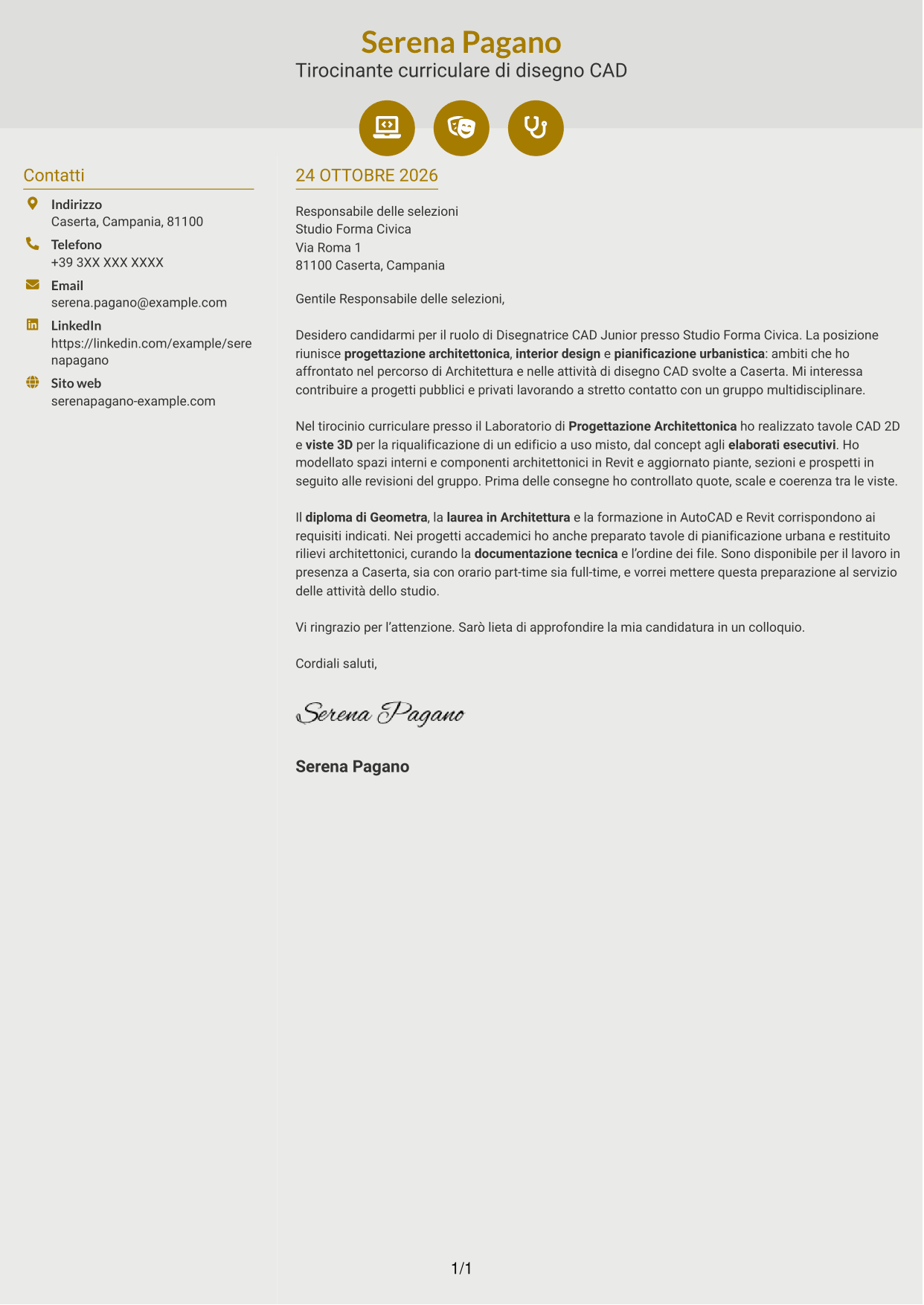 Lettera di presentazione Dinamico (formato a due colonne con icone): Disegnatore CAD Junior - Progettazione architettonica e urbanistica, pagina 1