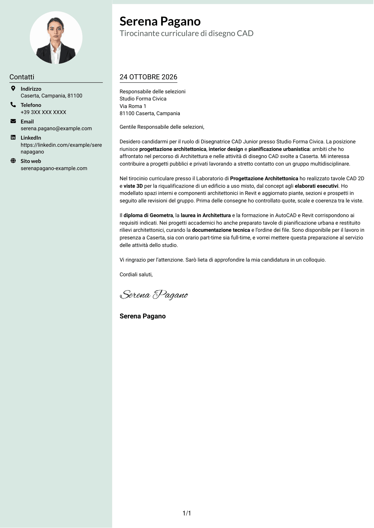 Lettera di presentazione Dirigente (formato con colonna laterale tenue e foto arrotondata): Disegnatore CAD Junior - Progettazione architettonica e urbanistica, pagina 1