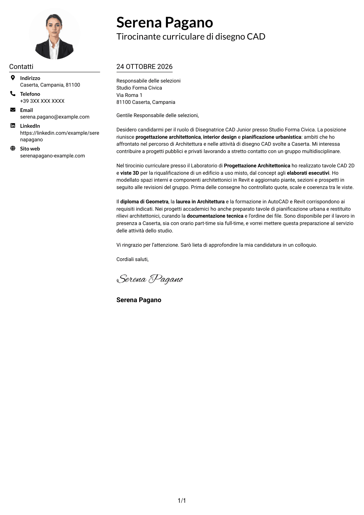 Esempio di lettera di presentazione — pagina 1