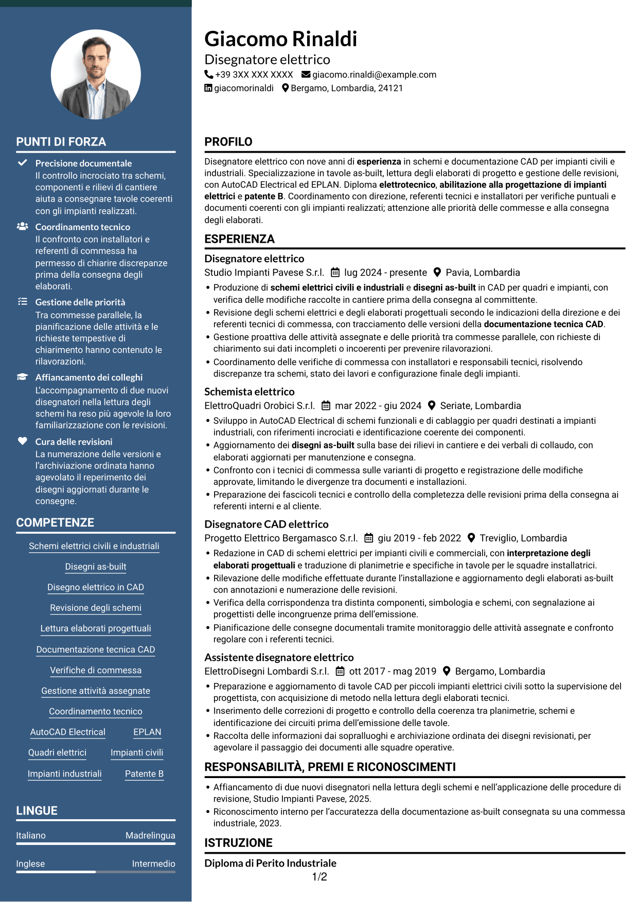 CV Elegante (formato con colonna laterale colorata e foto): Disegnatore elettrico - Schemi civili e industriali, pagina 1