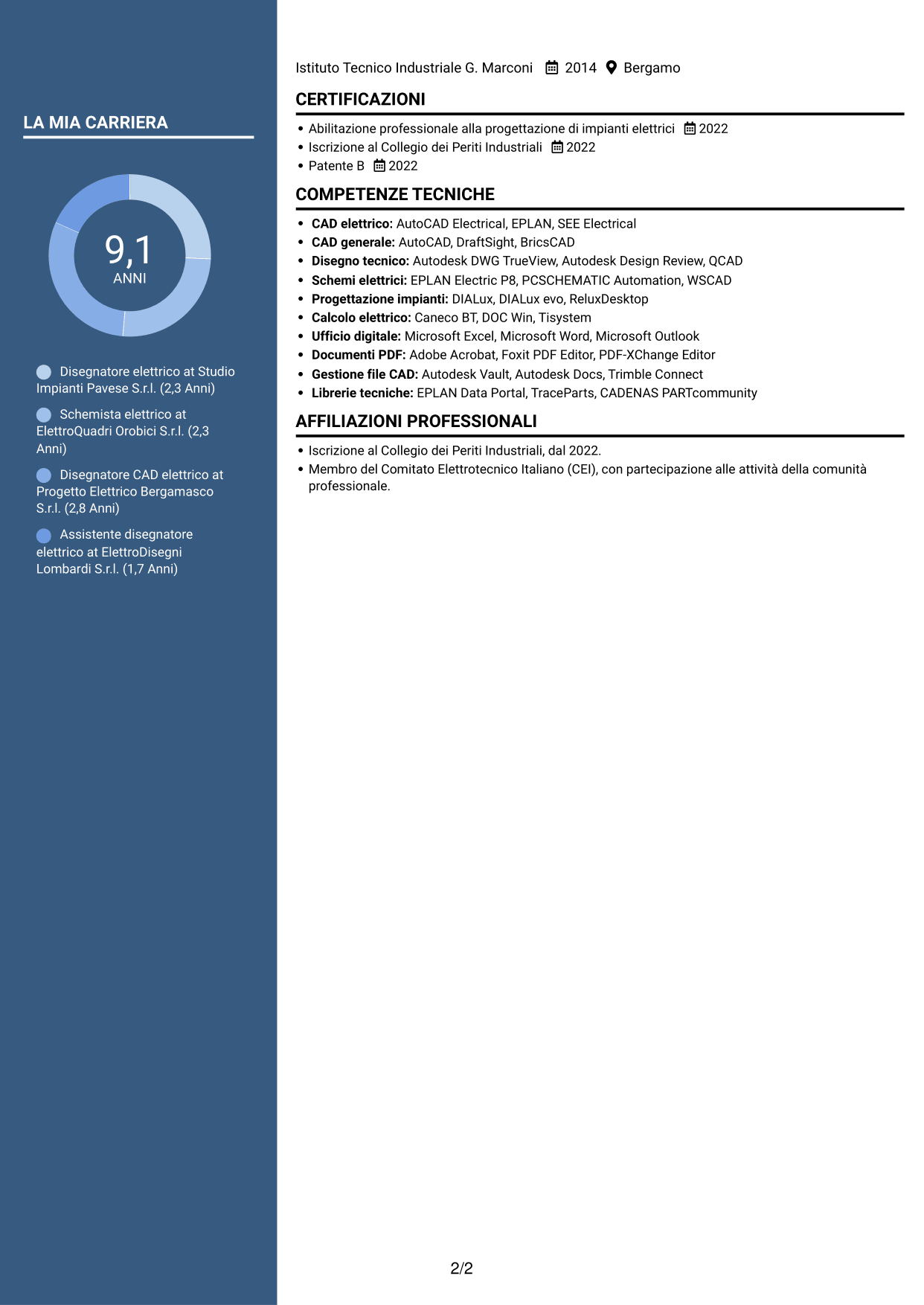 CV Elegante (formato con colonna laterale colorata e foto): Disegnatore elettrico - Schemi civili e industriali, pagina 2