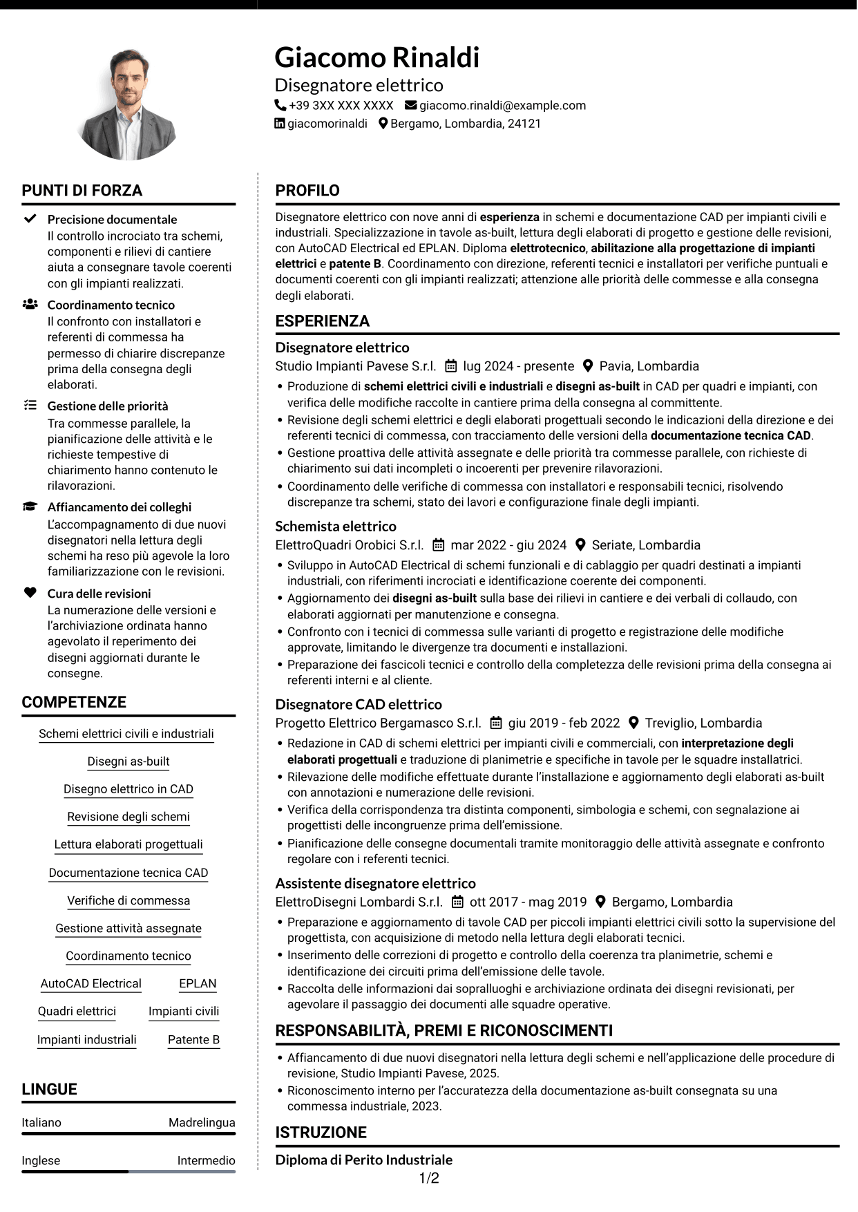 CV Moderno (formato a due colonne con foto a sinistra e separatore): Disegnatore elettrico - Schemi civili e industriali, pagina 1