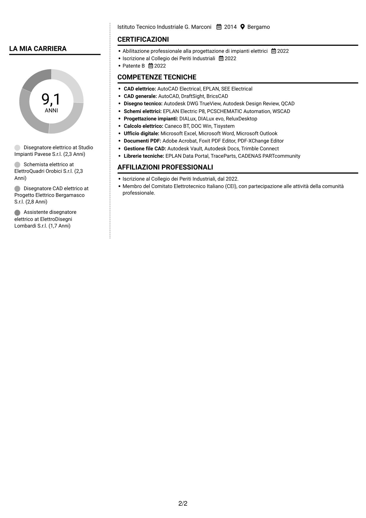CV Moderno (formato a due colonne con foto a sinistra e separatore): Disegnatore elettrico - Schemi civili e industriali, pagina 2