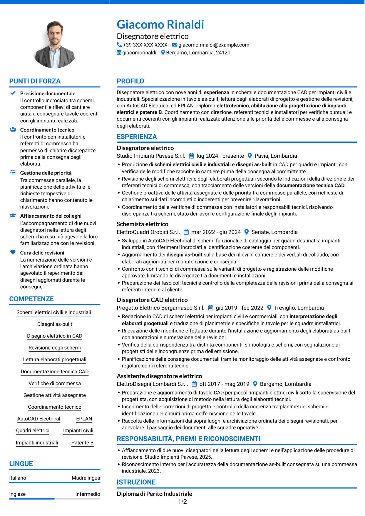 CV Audace (formato a due colonne con accenti colorati e foto): Disegnatore elettrico - Schemi civili e industriali, pagina 1