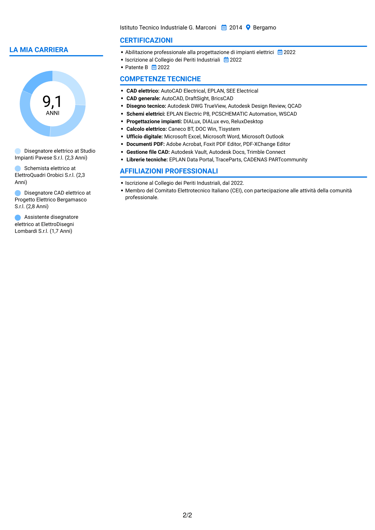 CV Audace (formato a due colonne con accenti colorati e foto): Disegnatore elettrico - Schemi civili e industriali, pagina 2