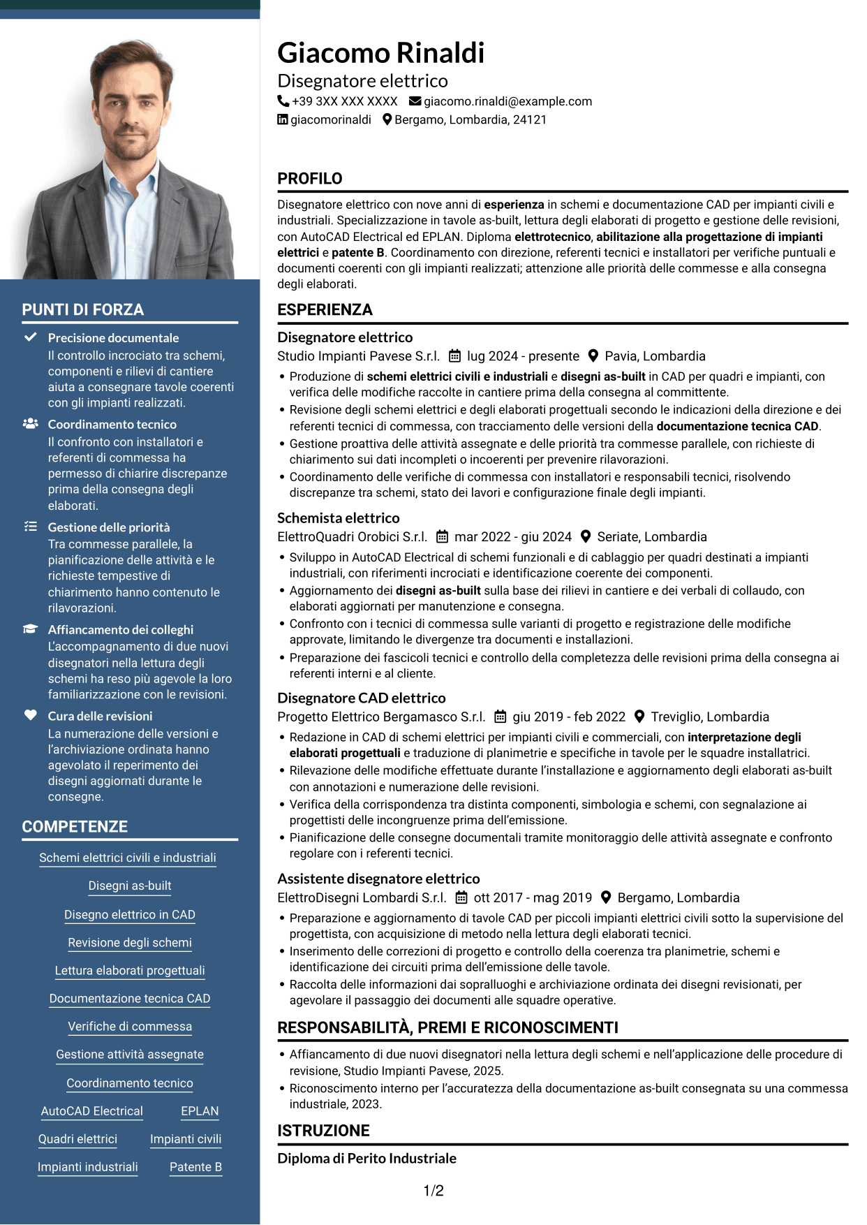 CV Signature (formato con colonna laterale colorata e foto grande): Disegnatore elettrico - Schemi civili e industriali, pagina 1