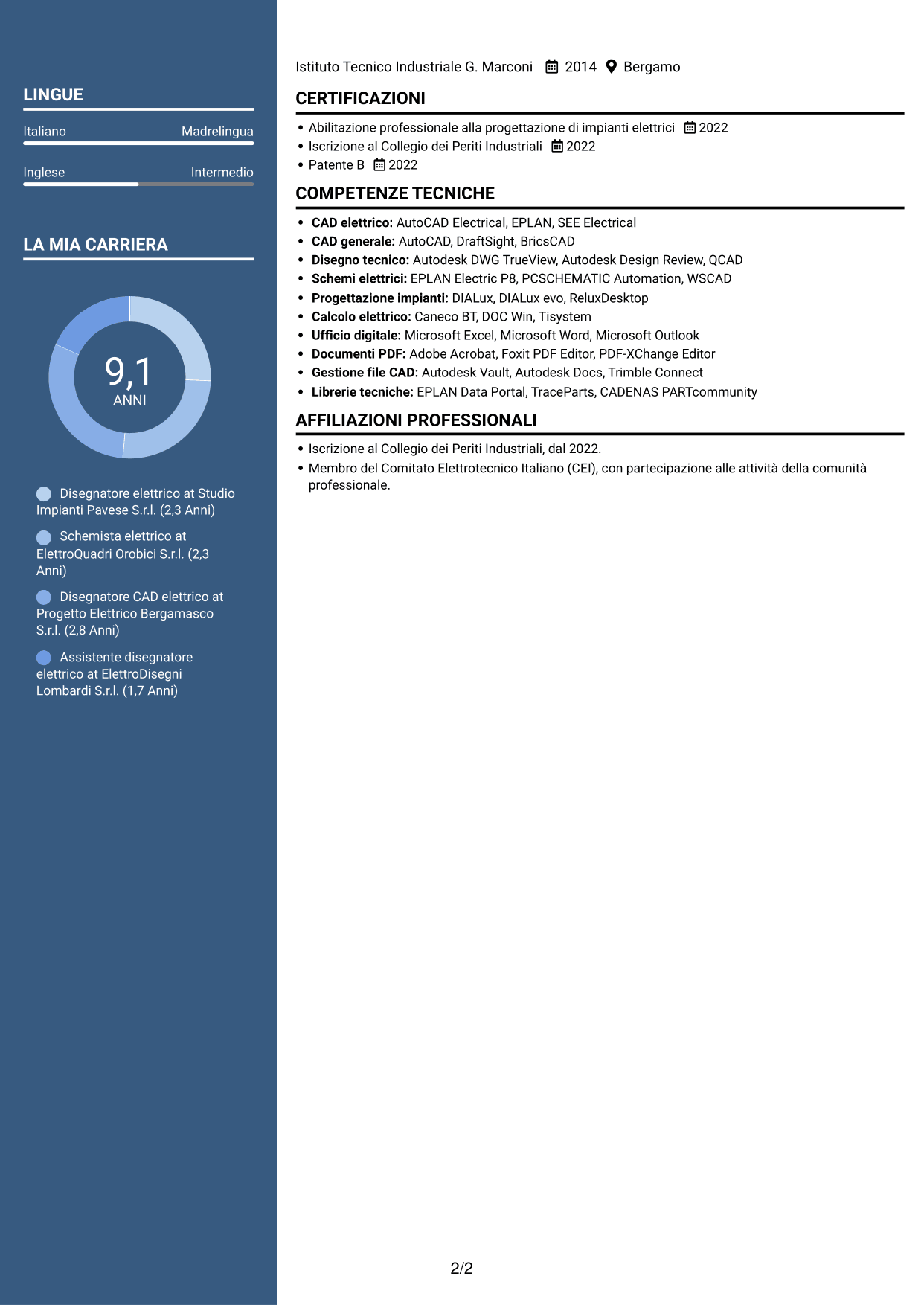 CV Signature (formato con colonna laterale colorata e foto grande): Disegnatore elettrico - Schemi civili e industriali, pagina 2