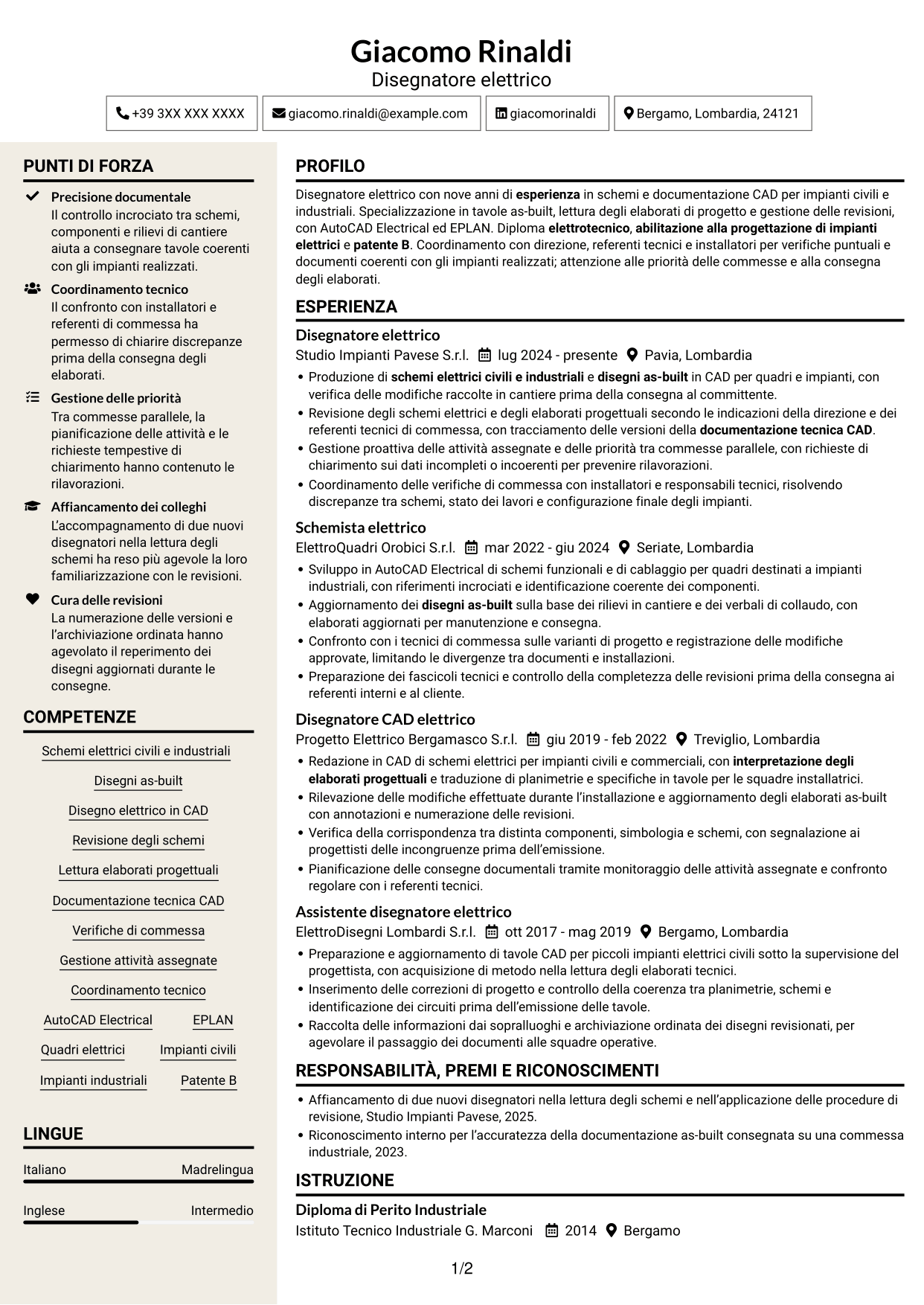 CV Intraprendente (formato a due colonne con intestazione centrata senza foto): Disegnatore elettrico - Schemi civili e industriali, pagina 1