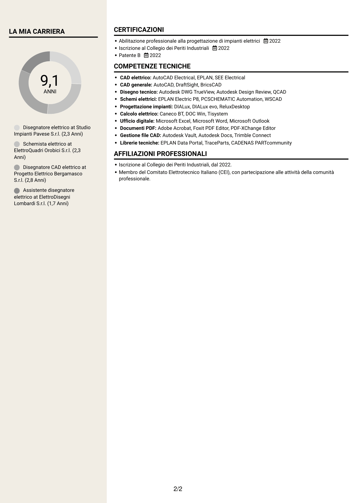 CV Intraprendente (formato a due colonne con intestazione centrata senza foto): Disegnatore elettrico - Schemi civili e industriali, pagina 2