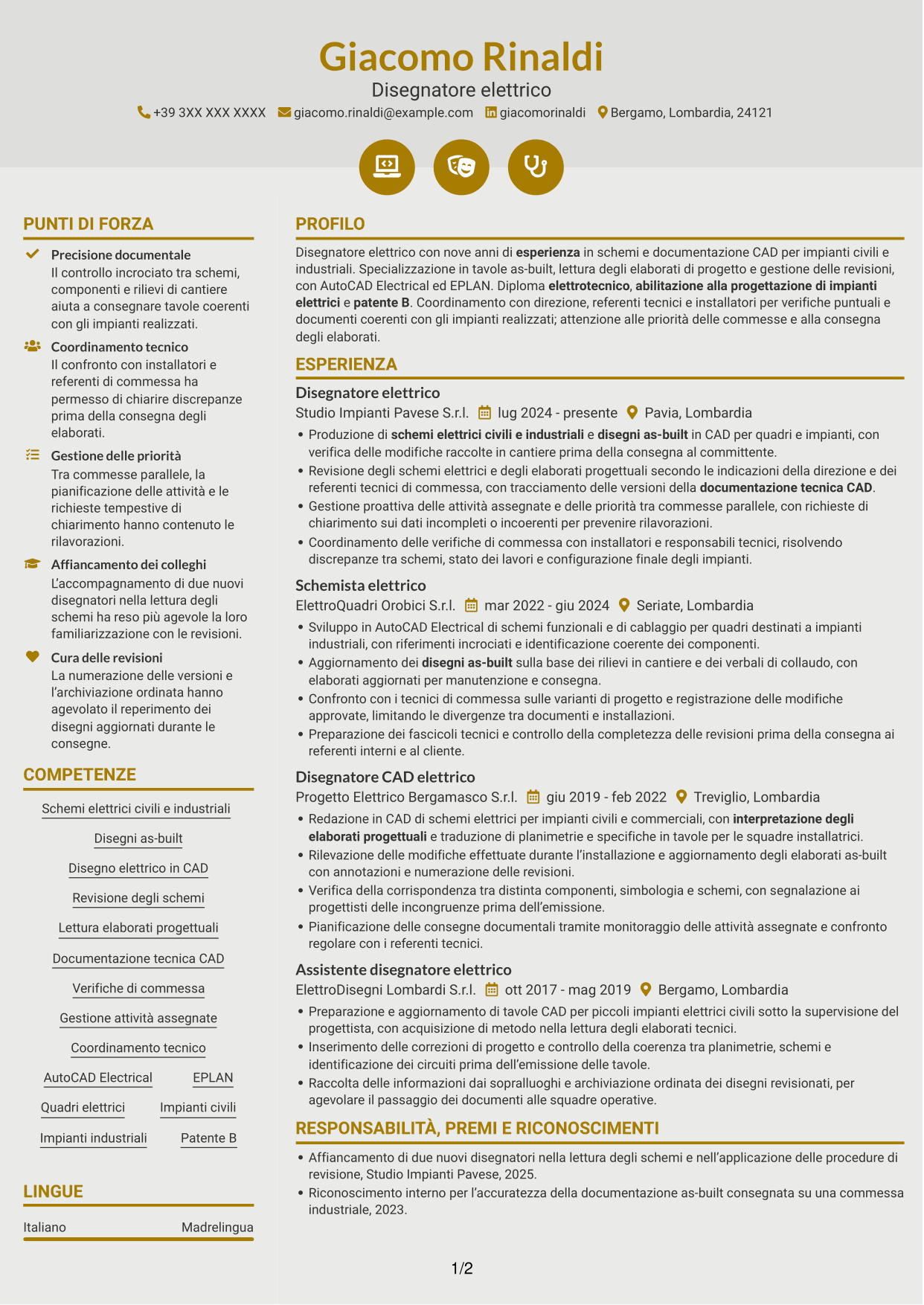 CV Dinamico (formato a due colonne con icone): Disegnatore elettrico - Schemi civili e industriali, pagina 1