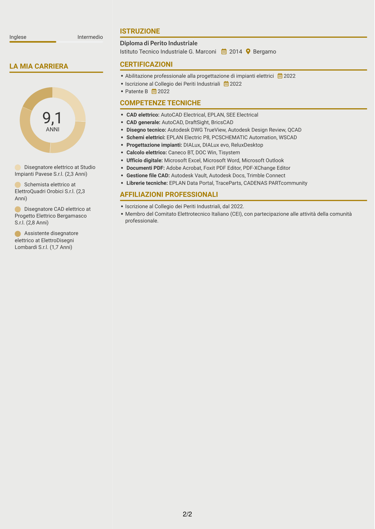 CV Dinamico (formato a due colonne con icone): Disegnatore elettrico - Schemi civili e industriali, pagina 2