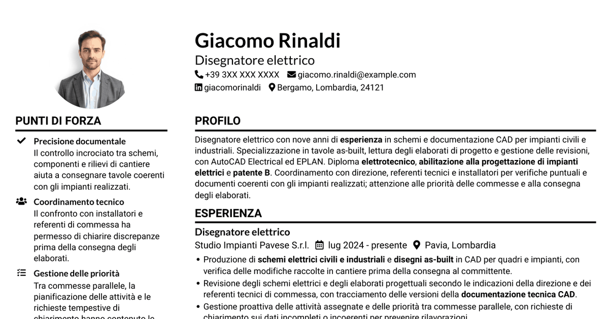 7 modelli di CV per Disegnatore elettrico - Schemi civili e industriali, con esempi