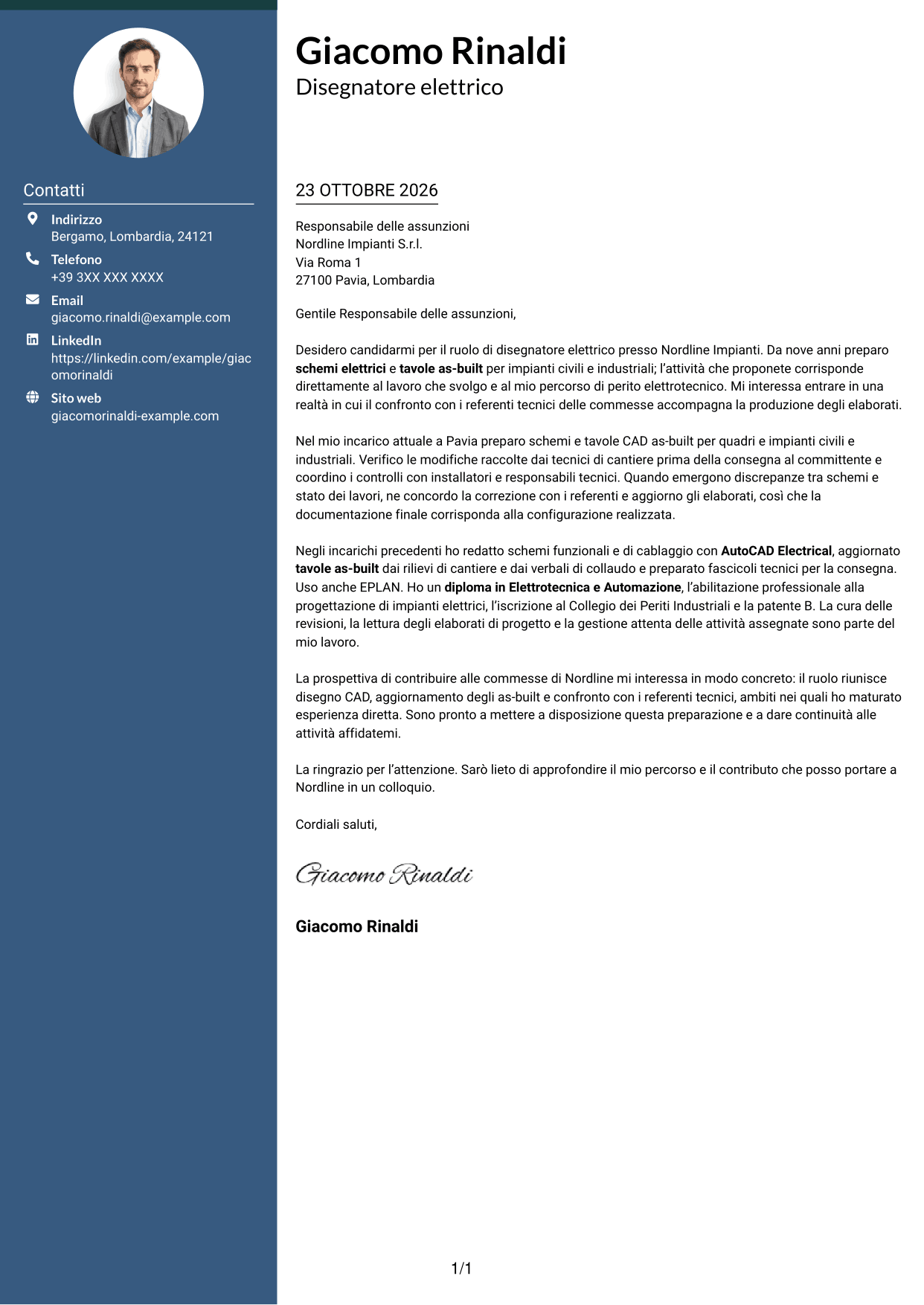 Lettera di presentazione Elegante (formato con colonna laterale colorata e foto): Disegnatore elettrico - Schemi civili e industriali, pagina 1