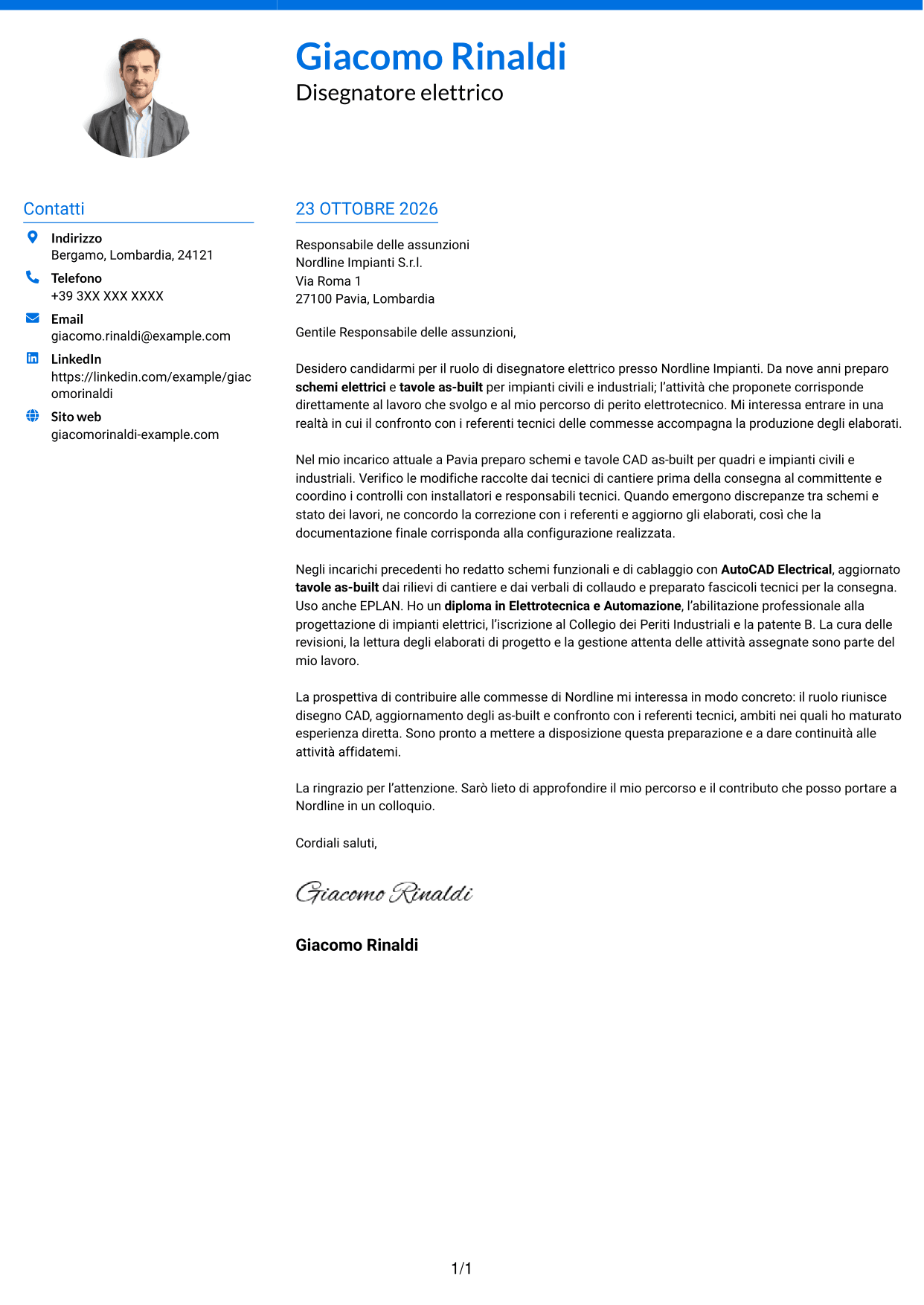 Lettera di presentazione Audace (formato a due colonne con accenti colorati e foto): Disegnatore elettrico - Schemi civili e industriali, pagina 1