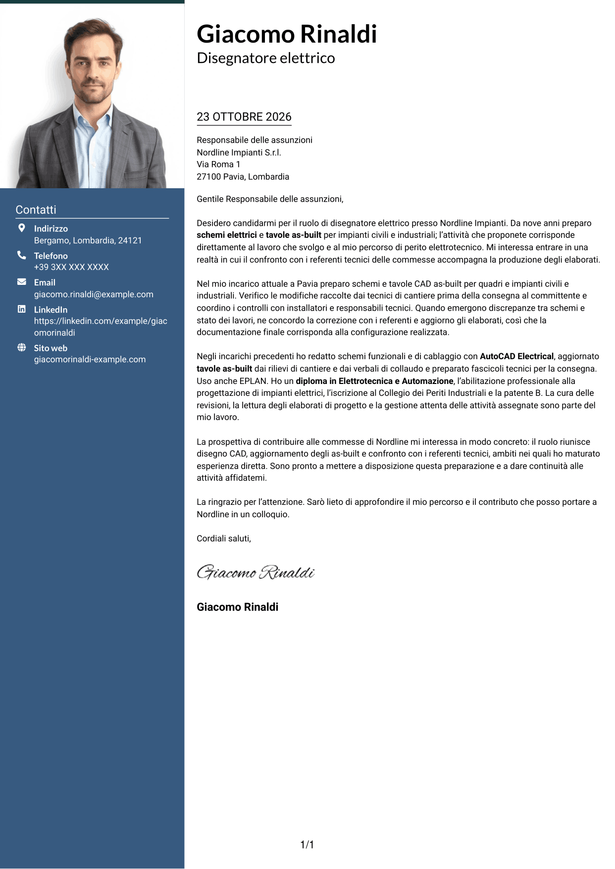 Lettera di presentazione Signature (formato con colonna laterale colorata e foto grande): Disegnatore elettrico - Schemi civili e industriali, pagina 1