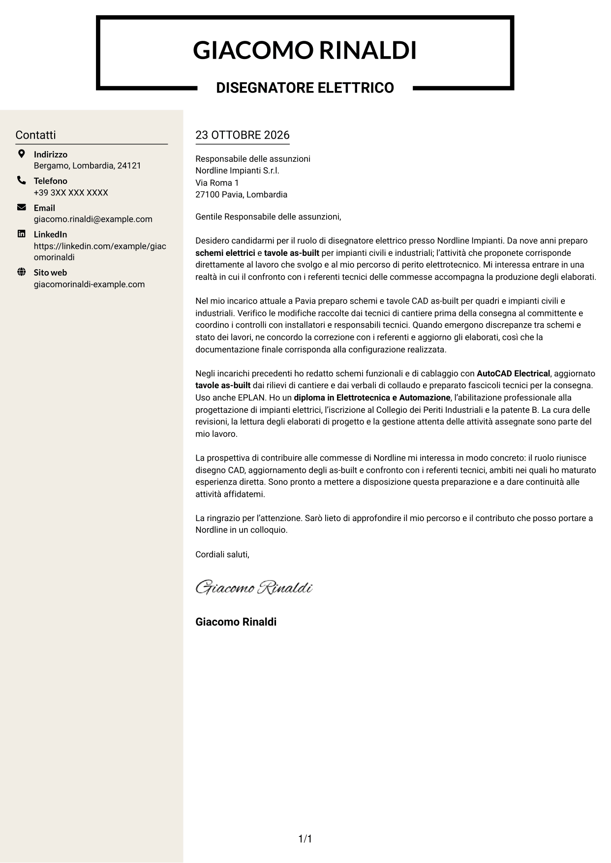 Lettera di presentazione Intraprendente (formato a due colonne con intestazione centrata senza foto): Disegnatore elettrico - Schemi civili e industriali, pagina 1