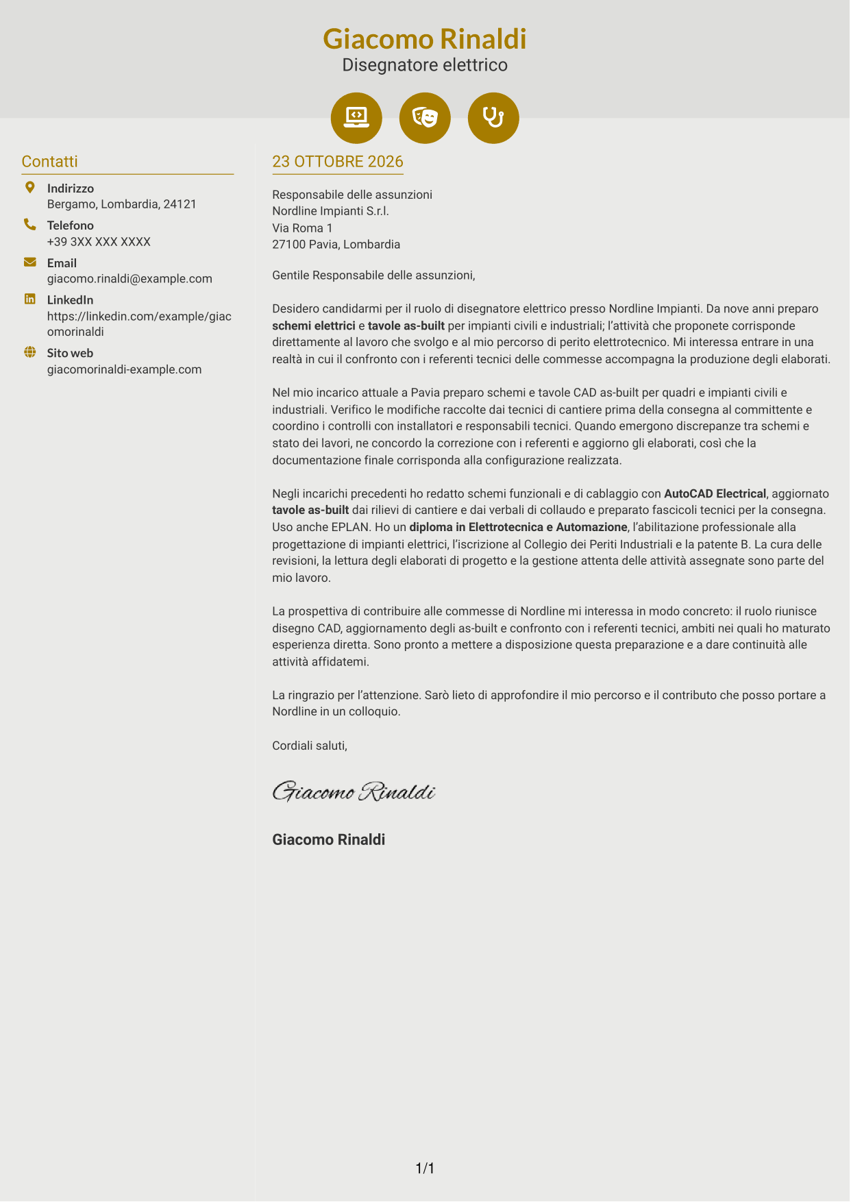 Lettera di presentazione Dinamico (formato a due colonne con icone): Disegnatore elettrico - Schemi civili e industriali, pagina 1