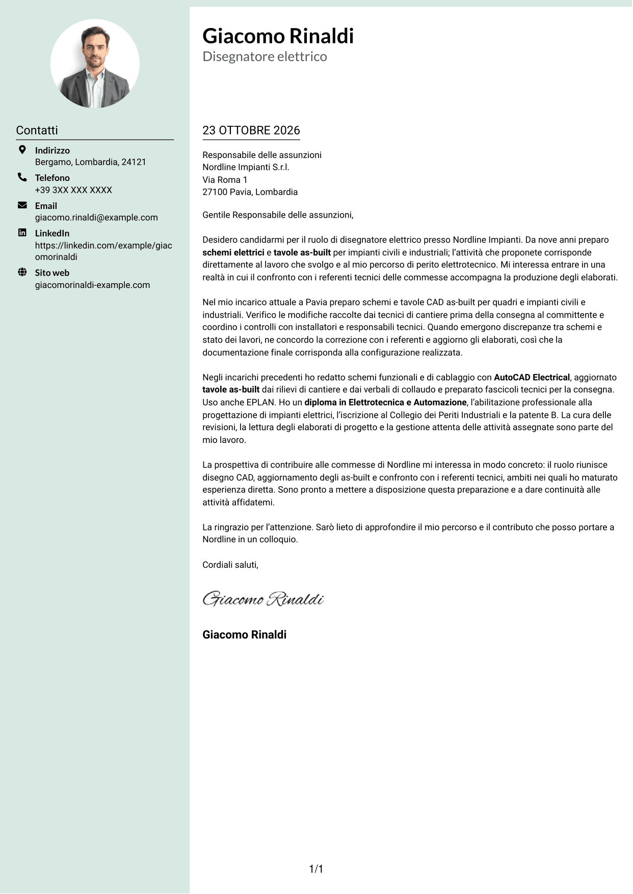 Lettera di presentazione Dirigente (formato con colonna laterale tenue e foto arrotondata): Disegnatore elettrico - Schemi civili e industriali, pagina 1
