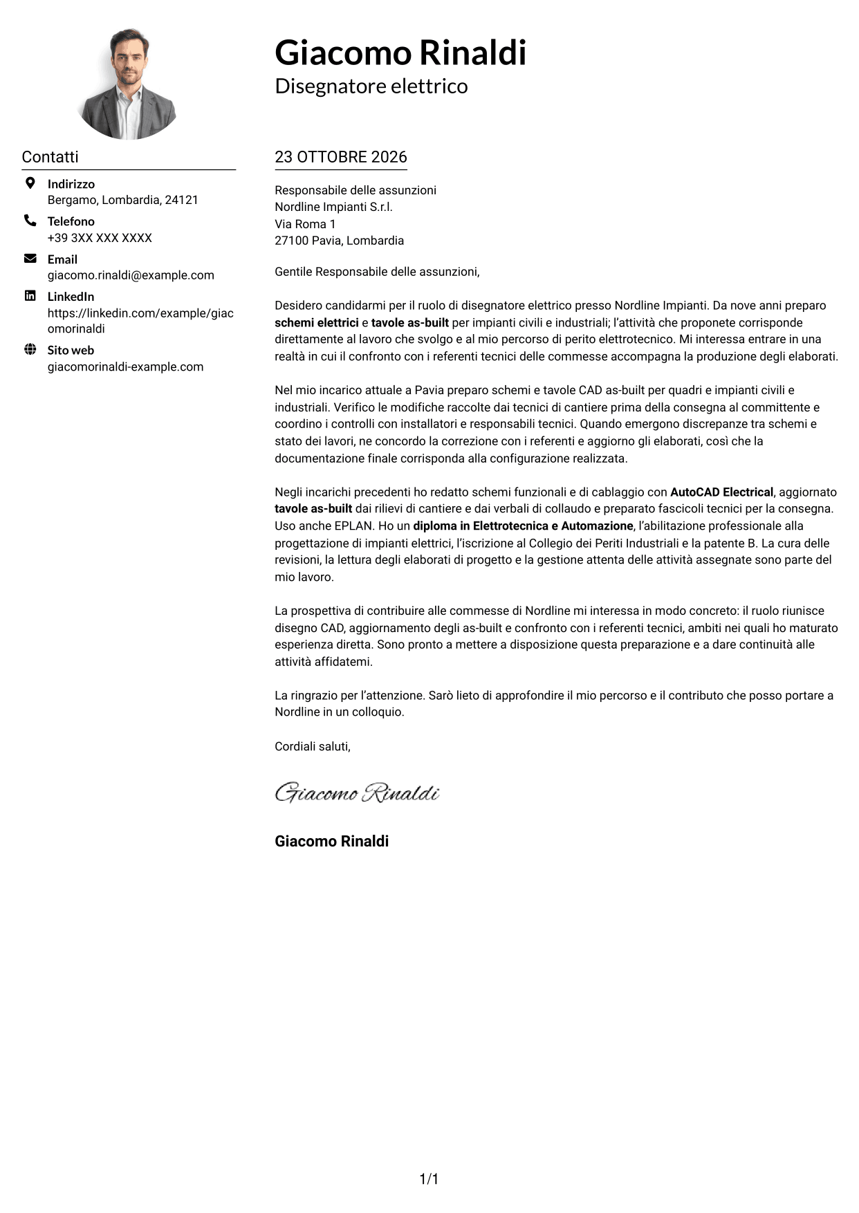 Esempio di lettera di presentazione — pagina 1