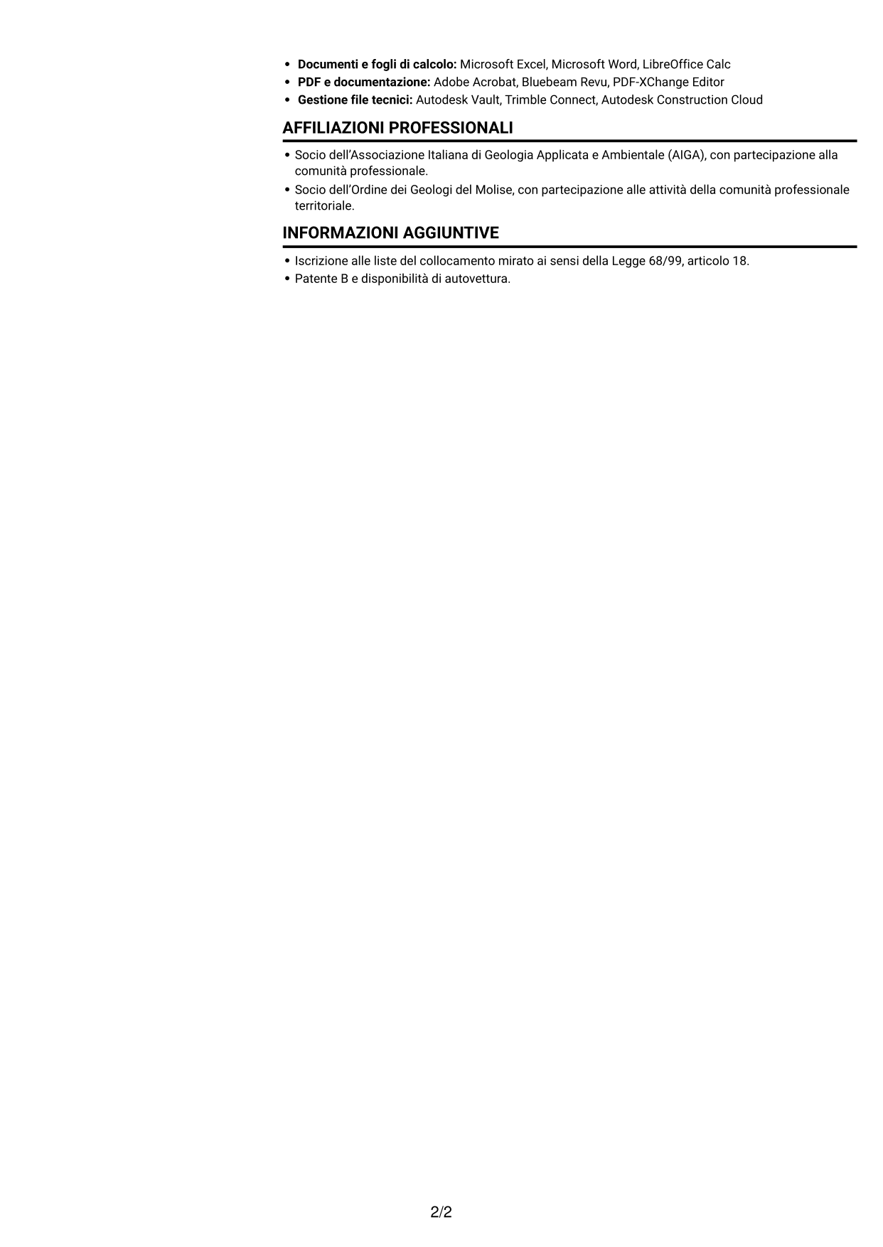 CV Compatto (formato sobrio a due colonne con foto): Disegnatore Tecnico - Geologia e indagini geognostiche, pagina 2