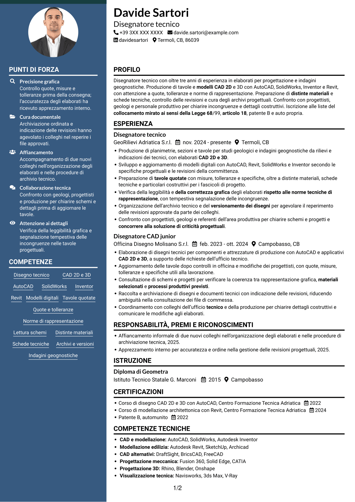 CV Elegante (formato con colonna laterale colorata e foto): Disegnatore Tecnico - Geologia e indagini geognostiche, pagina 1