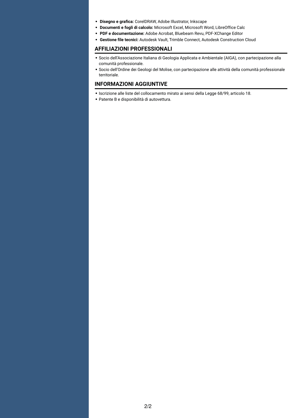 CV Elegante (formato con colonna laterale colorata e foto): Disegnatore Tecnico - Geologia e indagini geognostiche, pagina 2