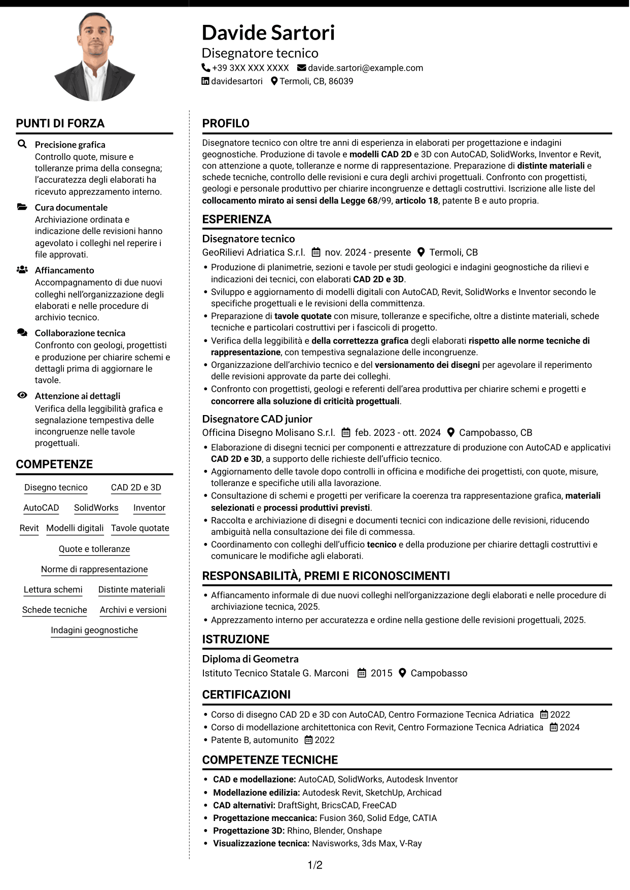 CV Moderno (formato a due colonne con foto a sinistra e separatore): Disegnatore Tecnico - Geologia e indagini geognostiche, pagina 1