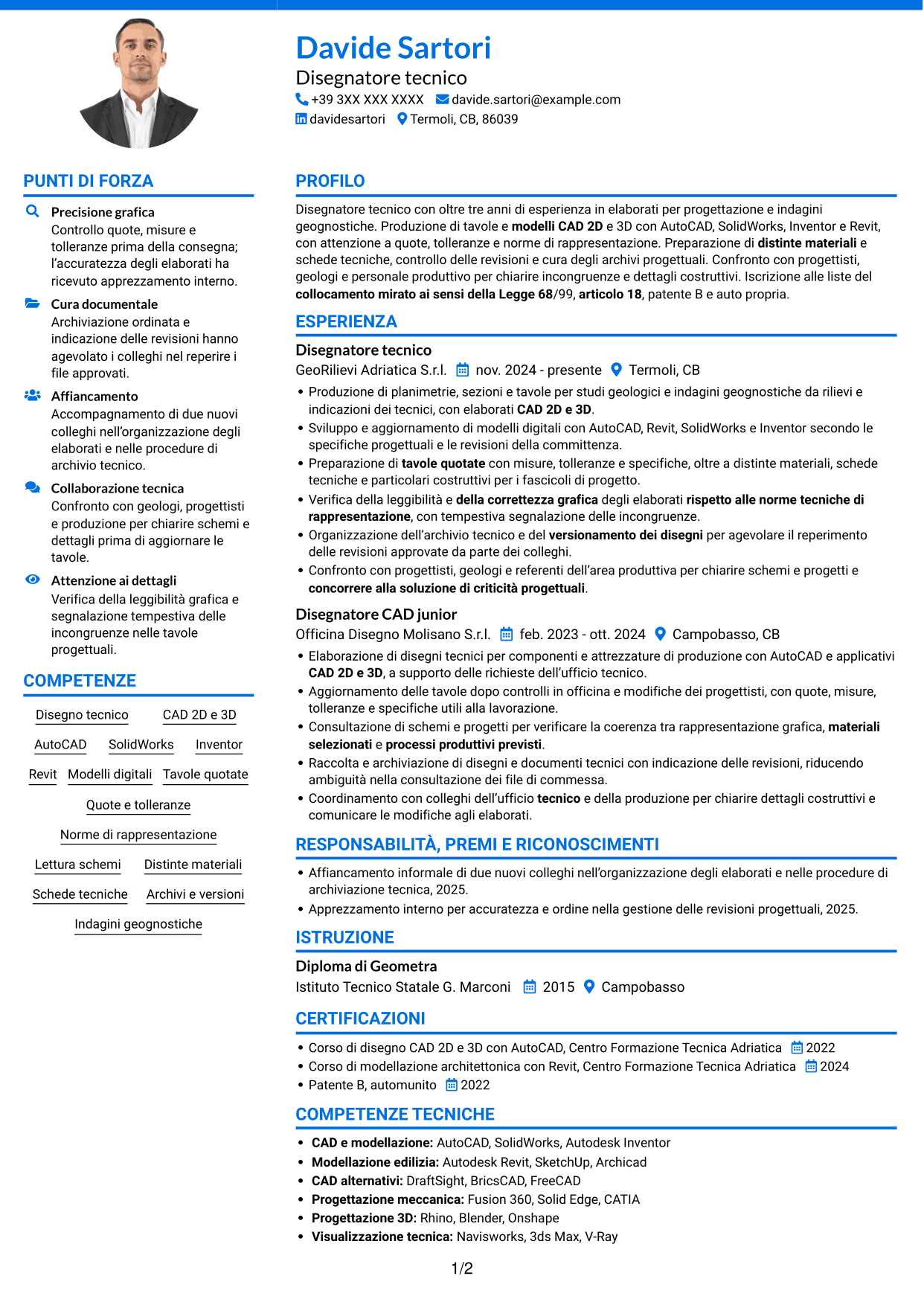 CV Audace (formato a due colonne con accenti colorati e foto): Disegnatore Tecnico - Geologia e indagini geognostiche, pagina 1