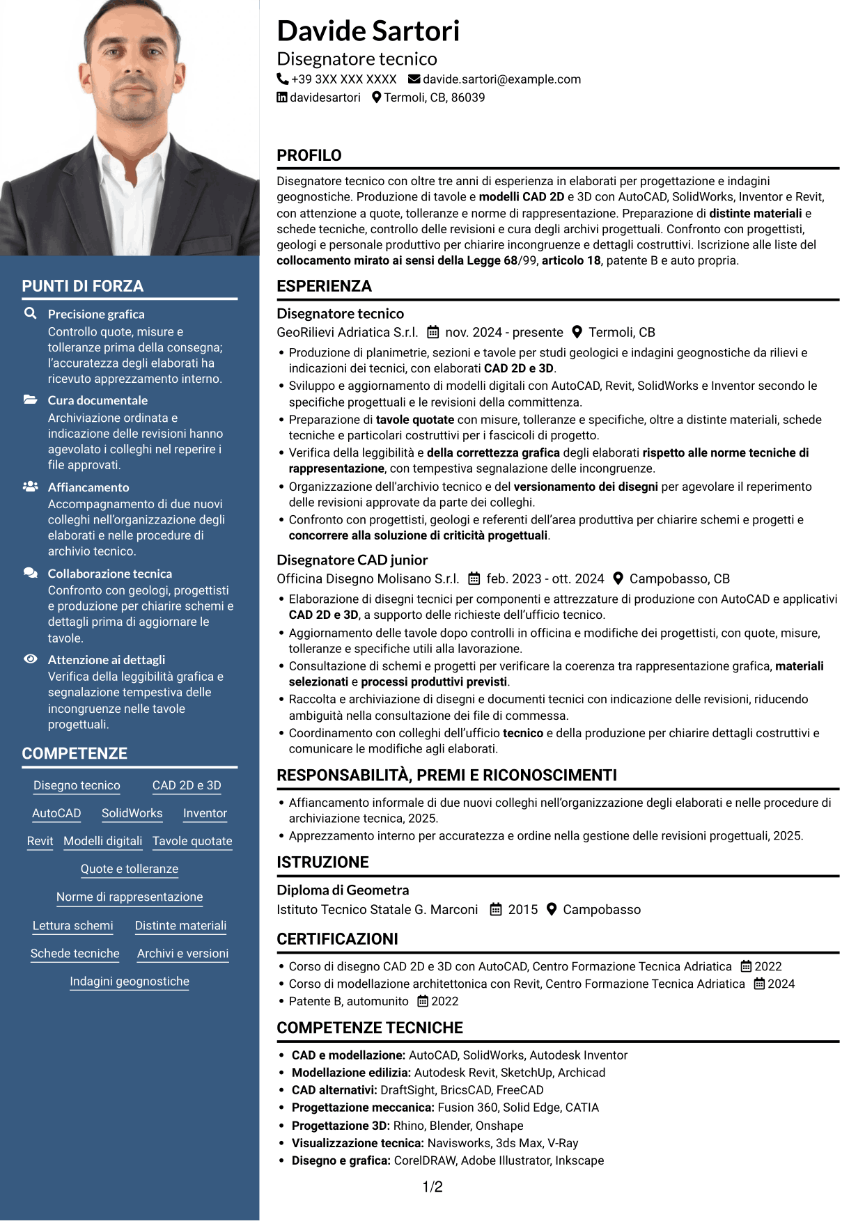 CV Signature (formato con colonna laterale colorata e foto grande): Disegnatore Tecnico - Geologia e indagini geognostiche, pagina 1