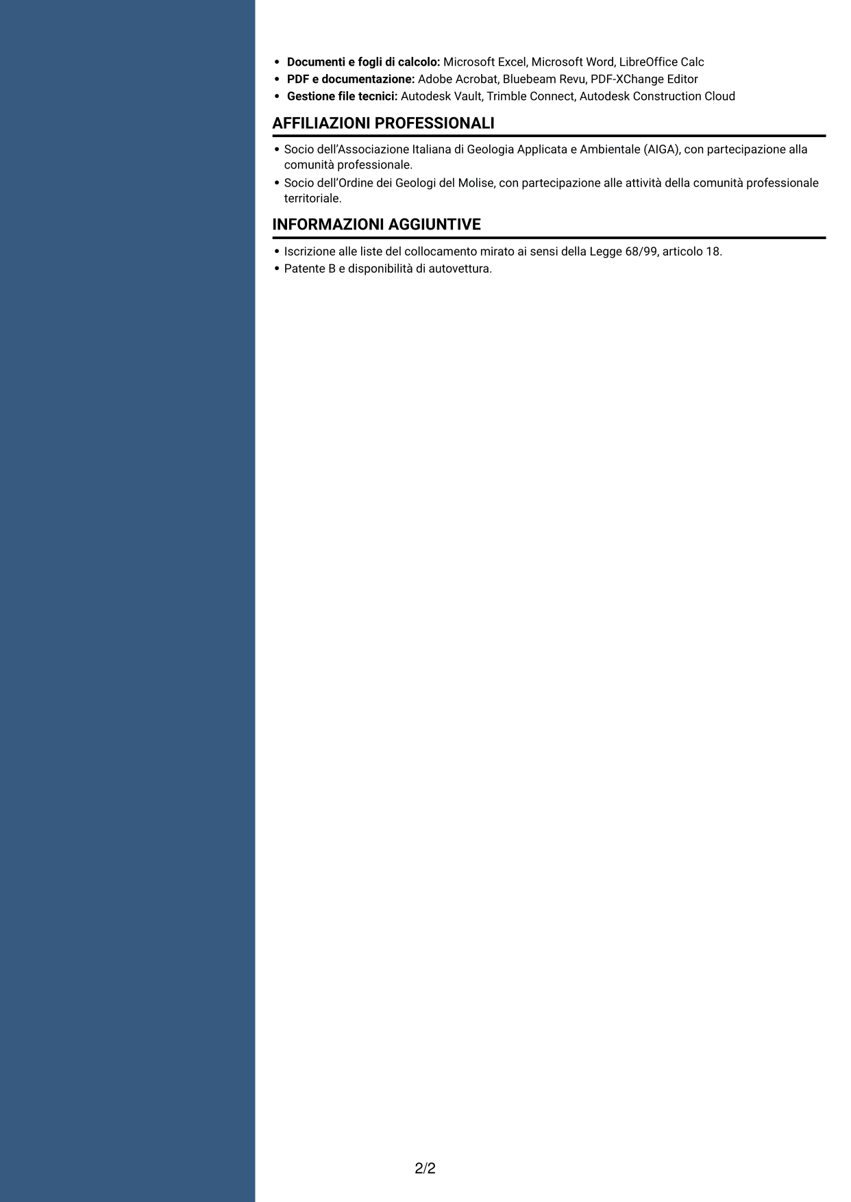 CV Signature (formato con colonna laterale colorata e foto grande): Disegnatore Tecnico - Geologia e indagini geognostiche, pagina 2