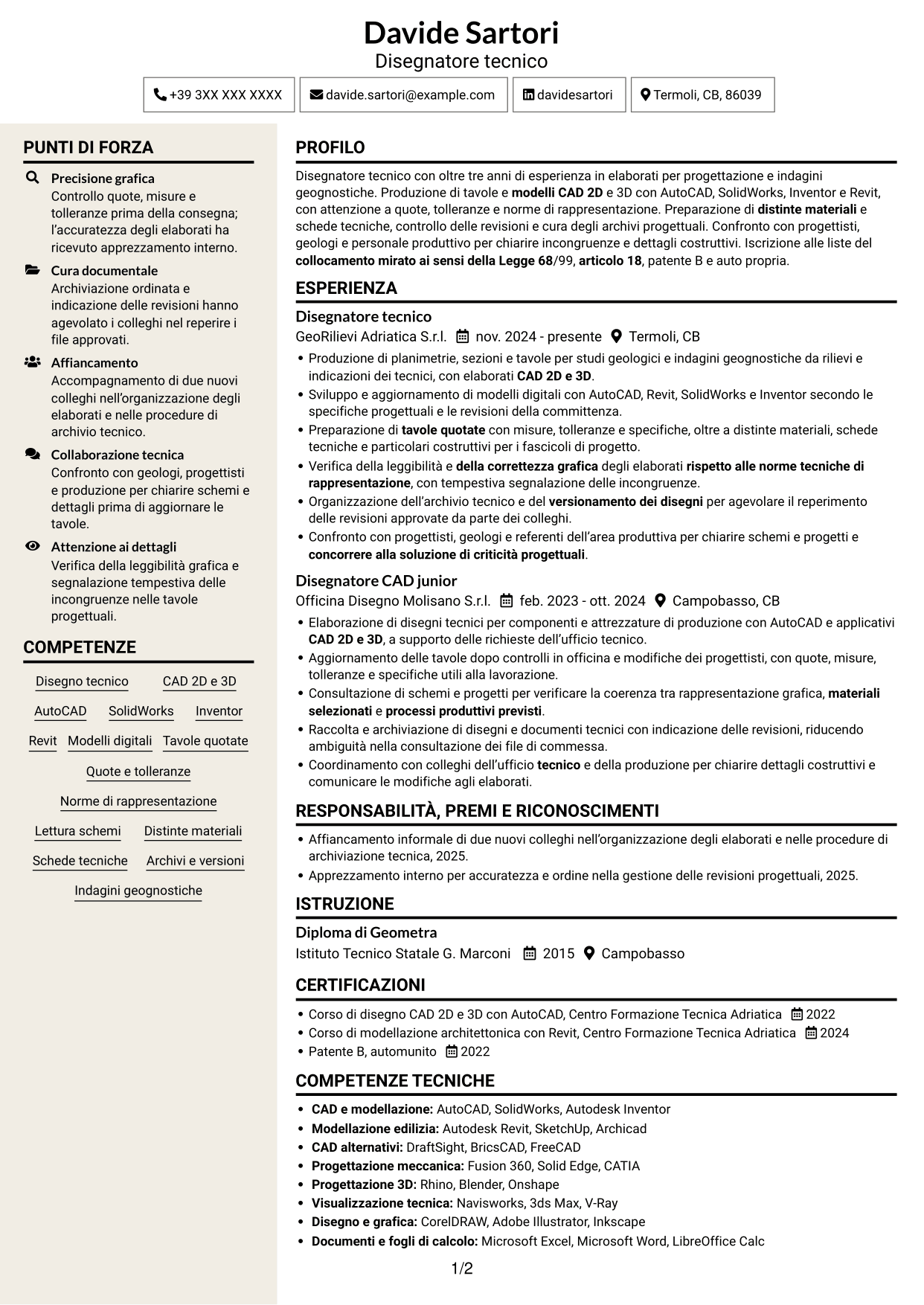 CV Intraprendente (formato a due colonne con intestazione centrata senza foto): Disegnatore Tecnico - Geologia e indagini geognostiche, pagina 1