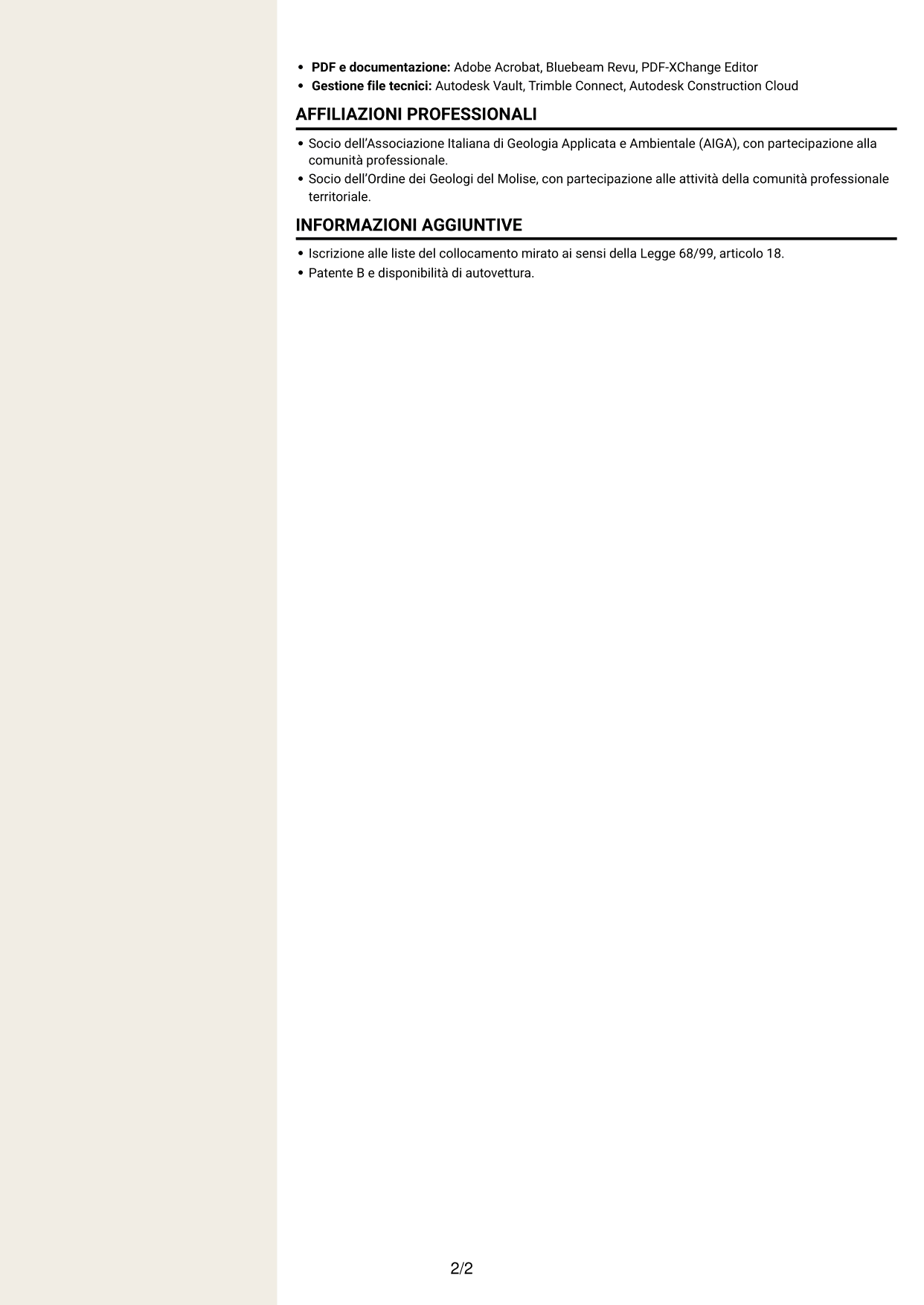 CV Intraprendente (formato a due colonne con intestazione centrata senza foto): Disegnatore Tecnico - Geologia e indagini geognostiche, pagina 2