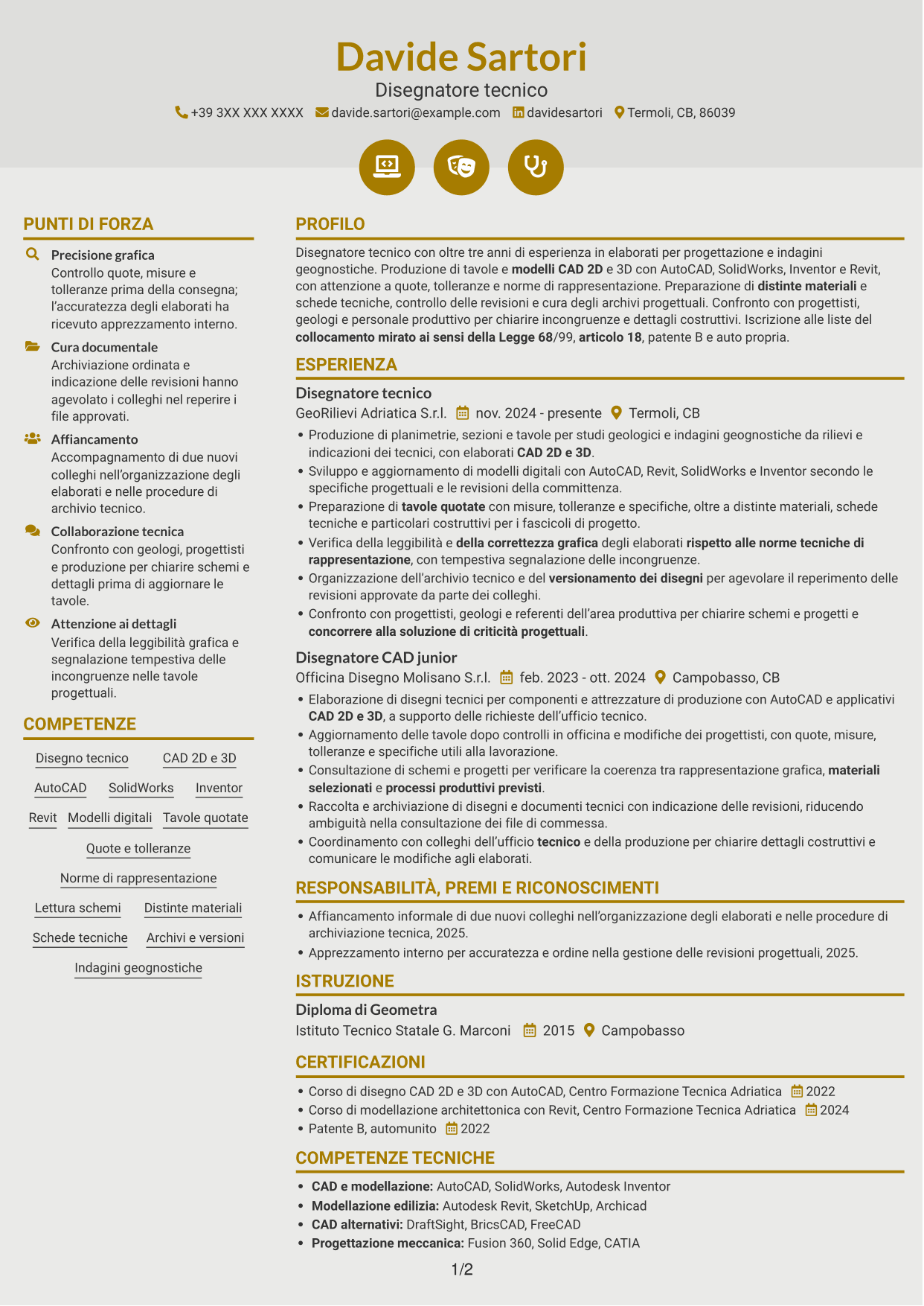 CV Dinamico (formato a due colonne con icone): Disegnatore Tecnico - Geologia e indagini geognostiche, pagina 1