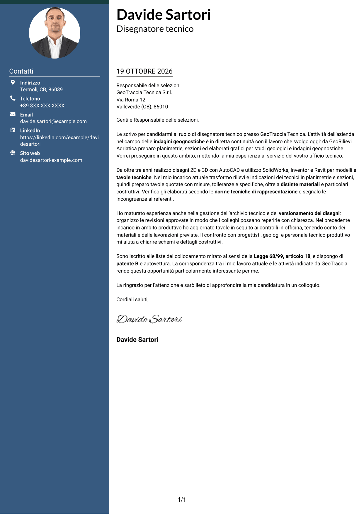 Lettera di presentazione Elegante (formato con colonna laterale colorata e foto): Disegnatore Tecnico - Geologia e indagini geognostiche, pagina 1