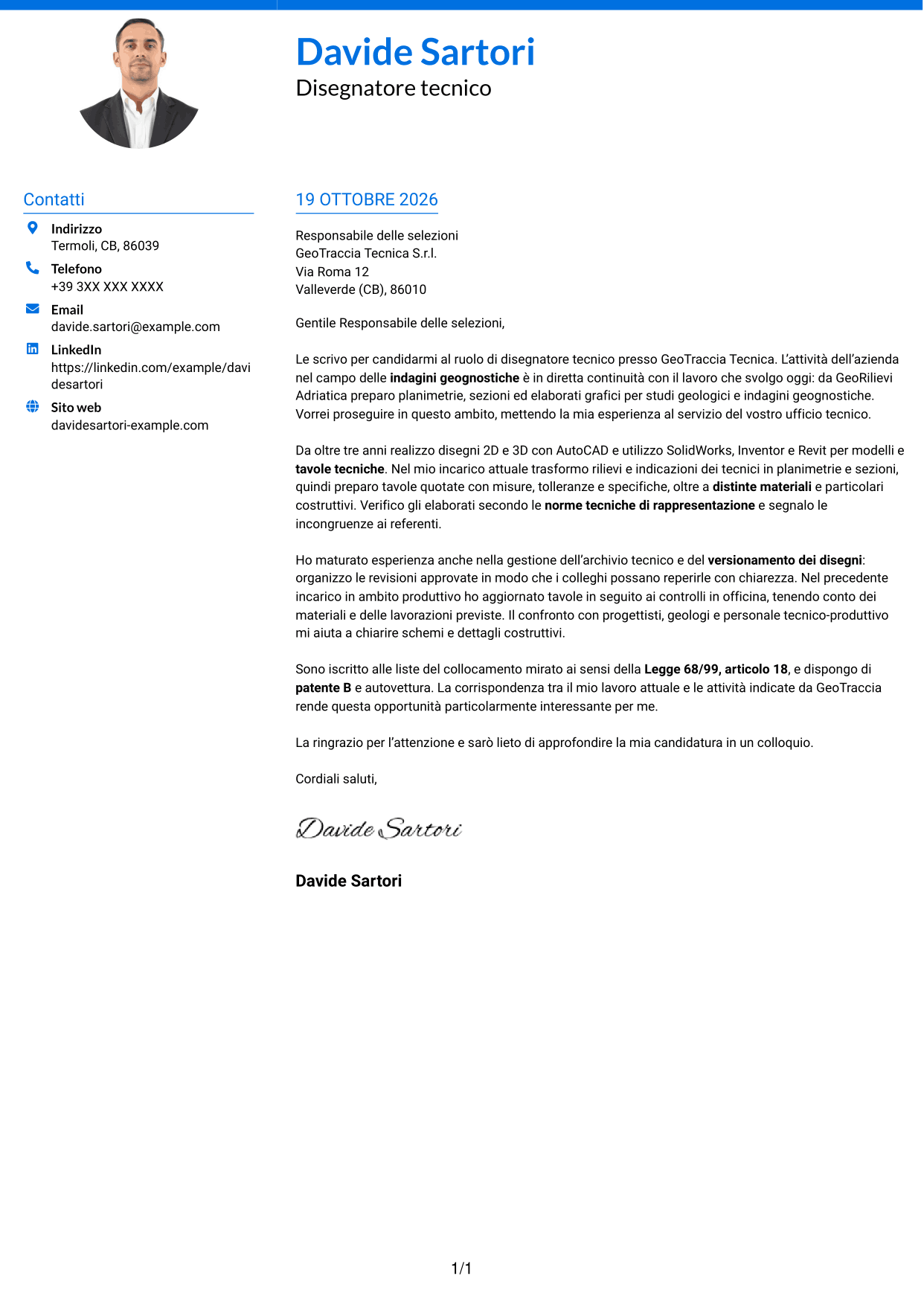 Lettera di presentazione Audace (formato a due colonne con accenti colorati e foto): Disegnatore Tecnico - Geologia e indagini geognostiche, pagina 1